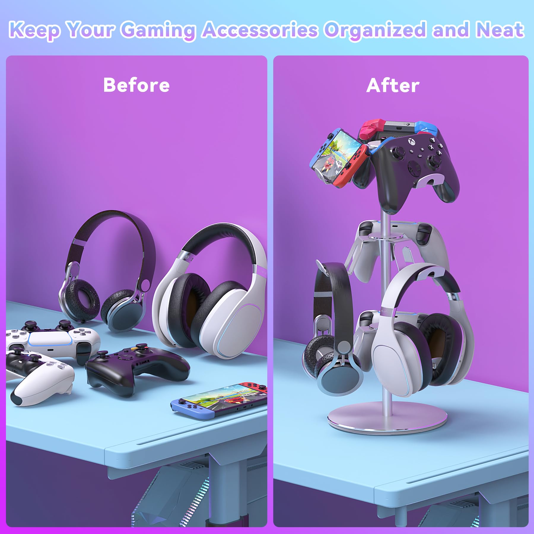 Soporte de controlador compatible con Xbox PS5 PS4 Nintendo Switch, soporte de aluminio para auriculares de 3 niveles, organizador giratorio para controlador de auriculares, universal y de gran