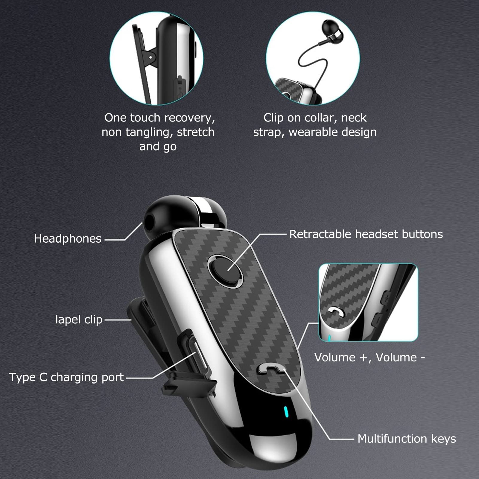 Bewinner Auricolare Bluetooth Wireless Lavalier, Auricolare Sportivo Stereo Retrattile, Auricolare Bluetooth Multifunzione a Vibrazione con ID Chiamante