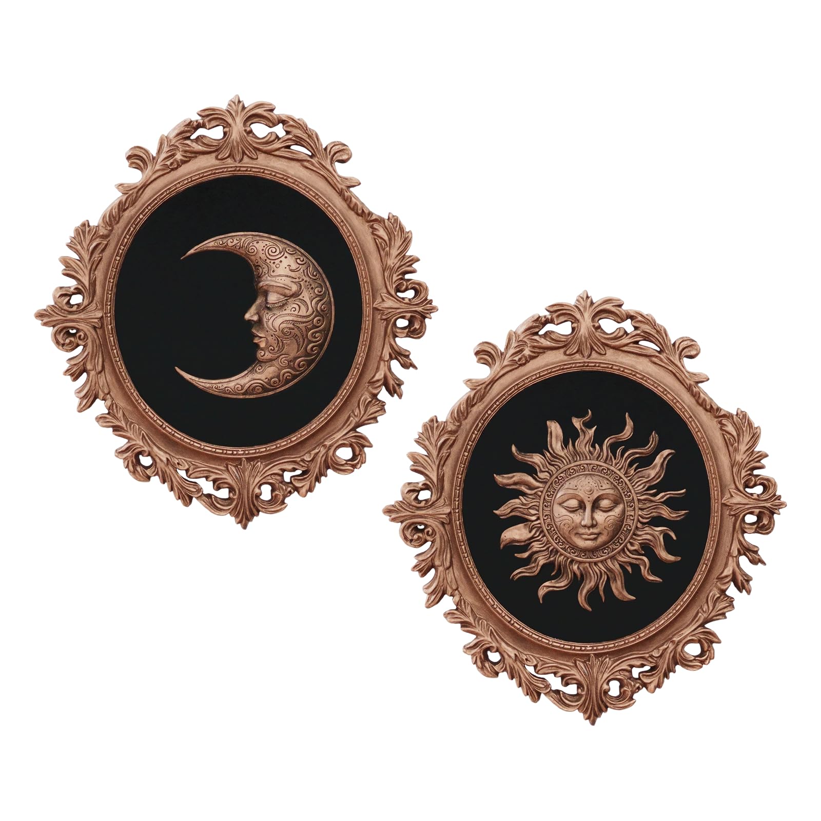 Putuo Decor Baroque Sun Moon Wall Art Set, 2-Piece 3D Oval Antique Gold Resin Relief on Black Backing, Vintage Celestial Accent Wall Hanging Ornaments for Living Room Bedroom Entryway Gallery Hallway