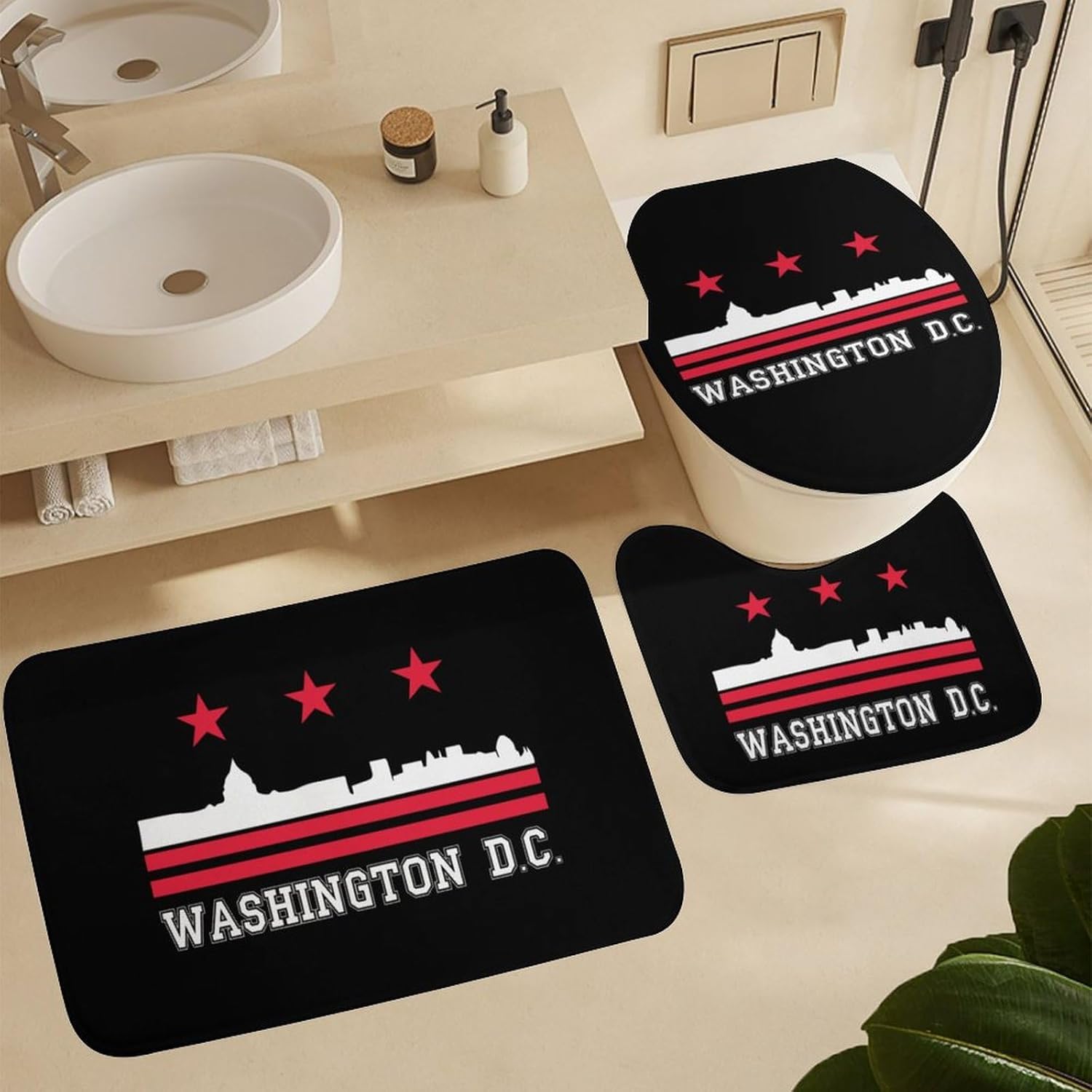 Washington, D.C. Flag 4 Pcs Shower Curtain Set with Rugs Toilet Lid Cover Bathroom Set Decor