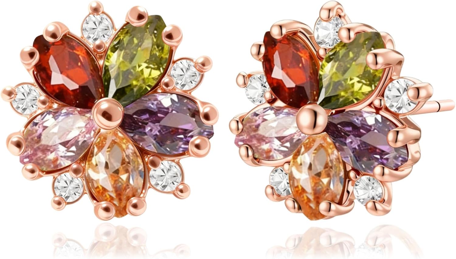 Cubic Zirconia Flower Stud Earrings for Women 925 Sterling Silver post Hypoallergenic 14K Rose Gold Plated Gifts for Women (pink)