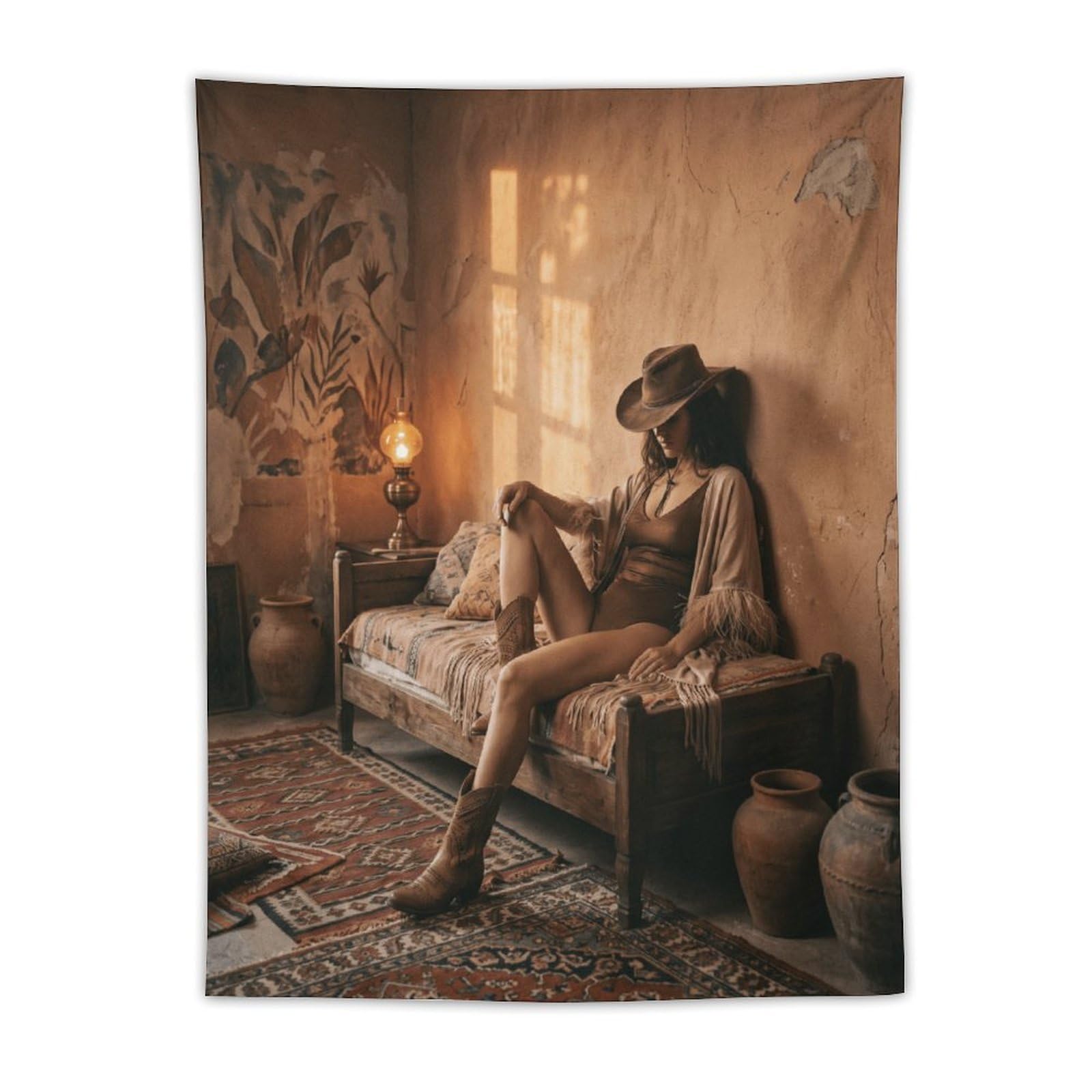 W7C8U2X3 Boho Cowgirl Lounge Wall Tapestry, Cactus Desert Mood