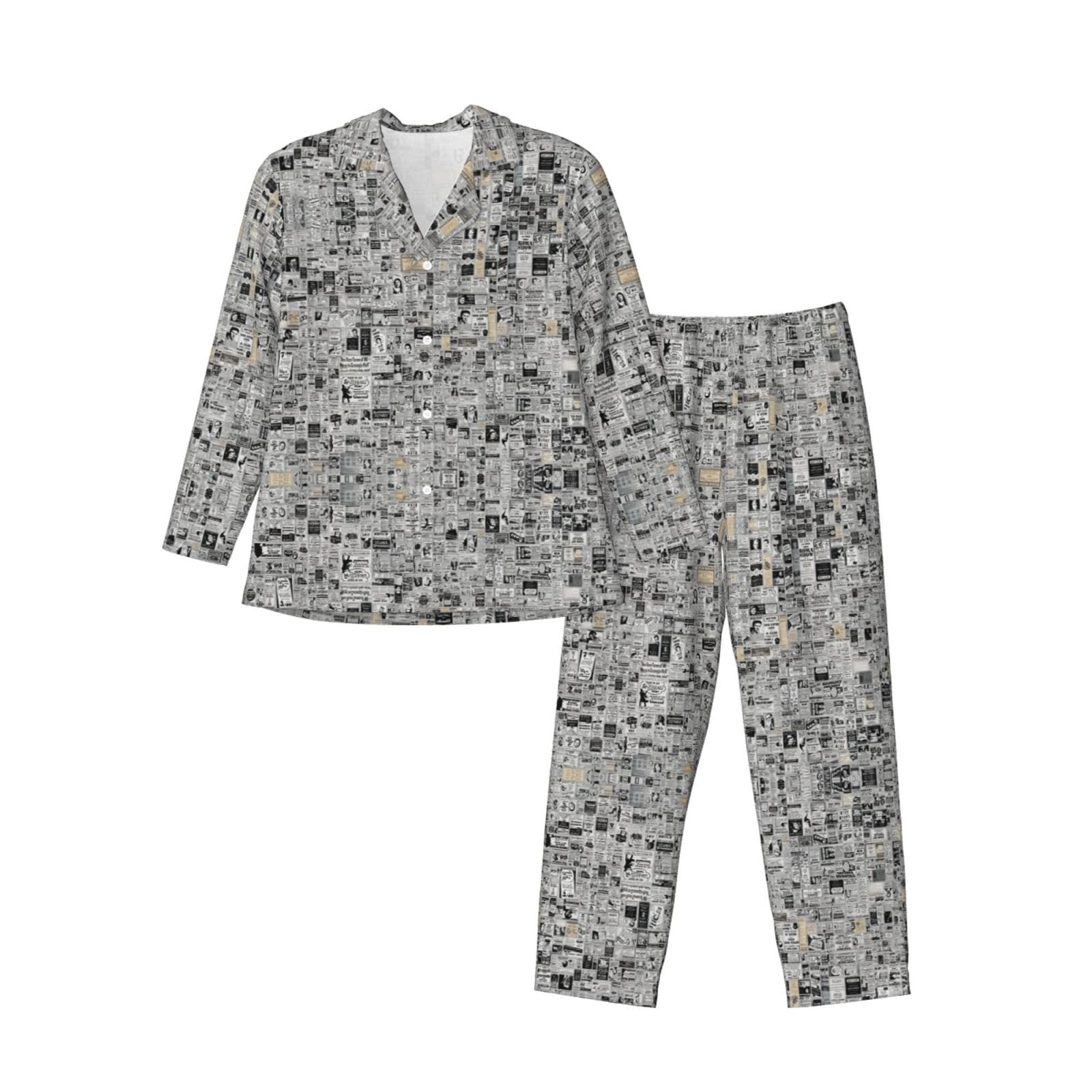 Conjunto de pijama para hombre con estampado de periódico HD, pijama suave de manga larga con botones y bolsillos