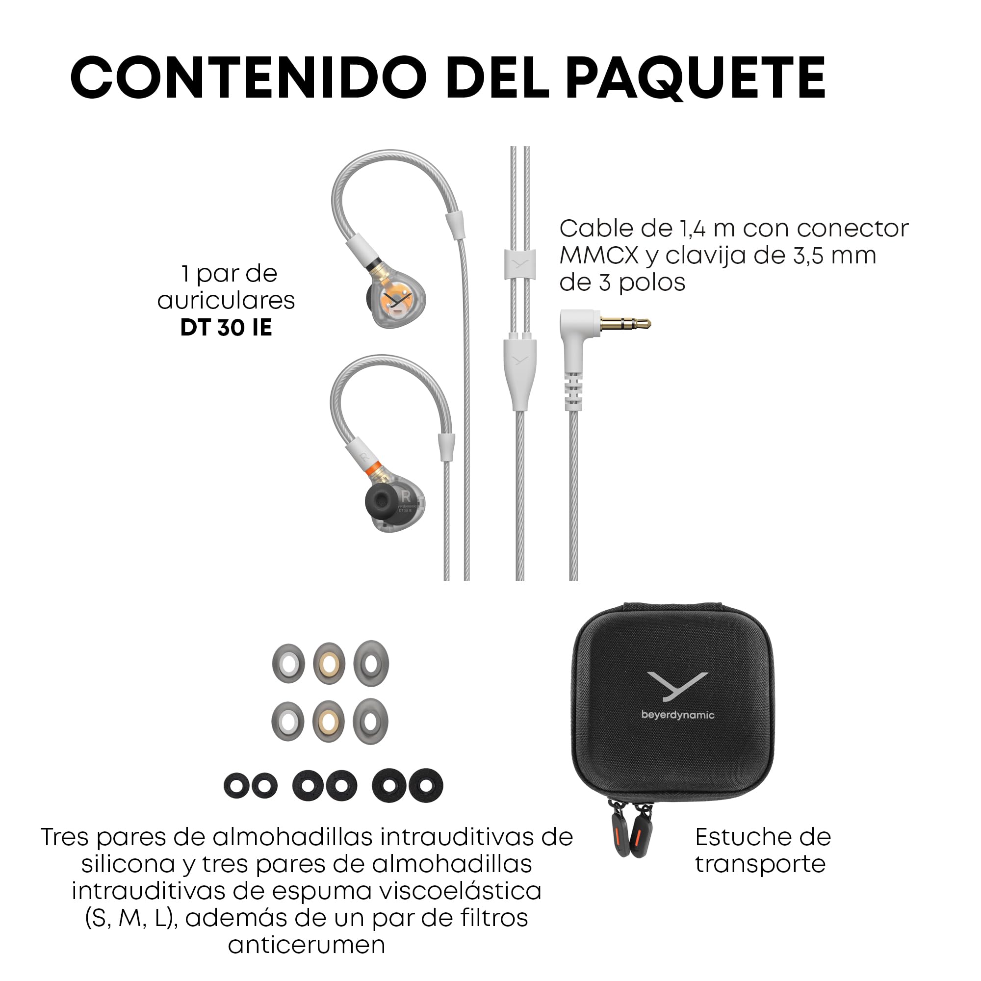 beyerdynamic DT 30 IE Monitor intraauricular Profesional para Escenario y ensayos | Aislamiento acústico pasivo de hasta 39 dB, ajuste ergonómico, cable MMCX extraíble, color transparente