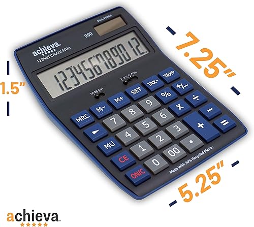 Miniatura 7 de Achieva Calculadora de escritorio con pantalla LCD de 10 dígitos, azul, gris, doble energía solar y de batería, fabricada con un 30% de plástico