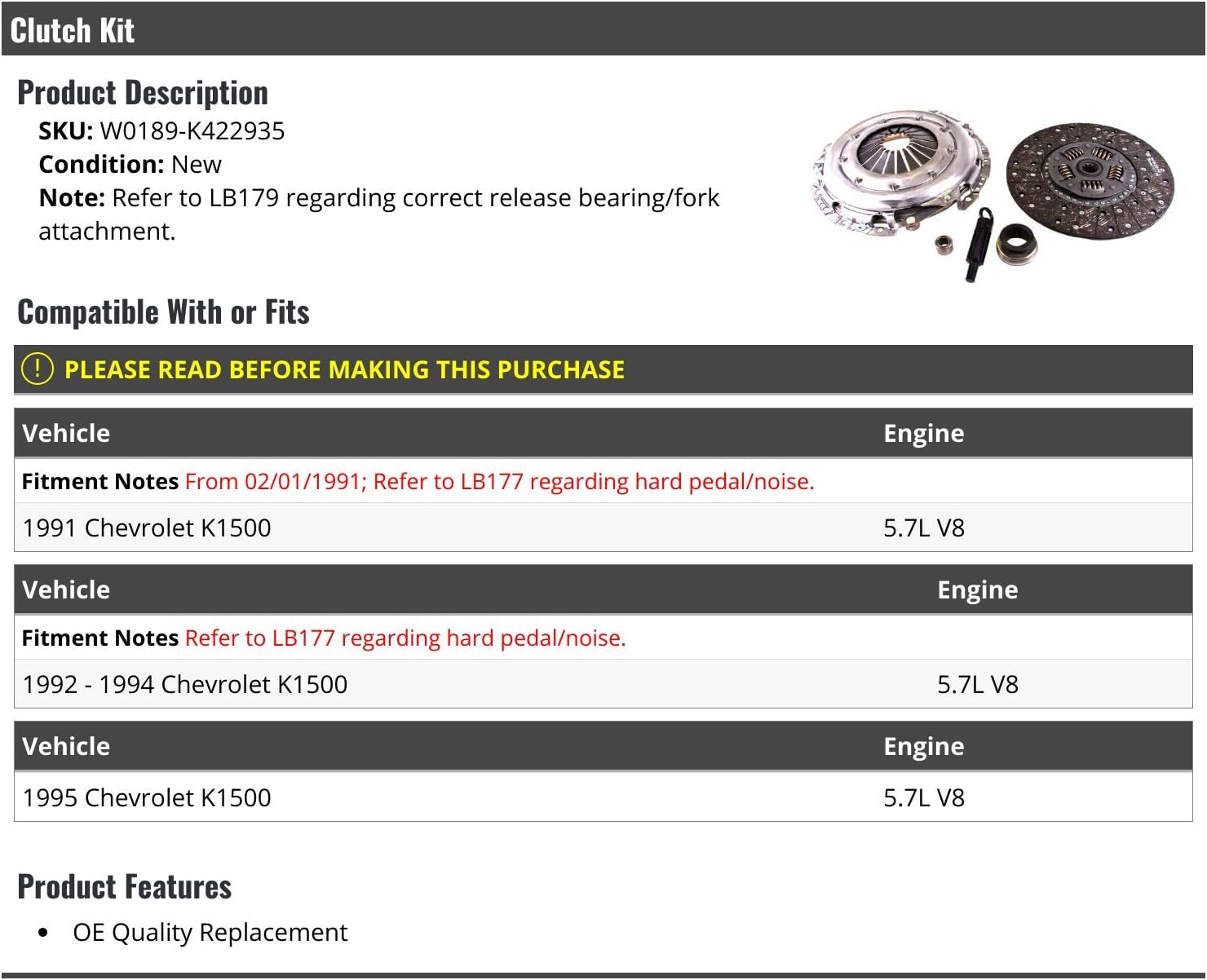Marketplace Auto Parts Clutch Kit - Compatible with 1991-1995 Chevy K1500 5.7L V8 (from 02/01/1991)