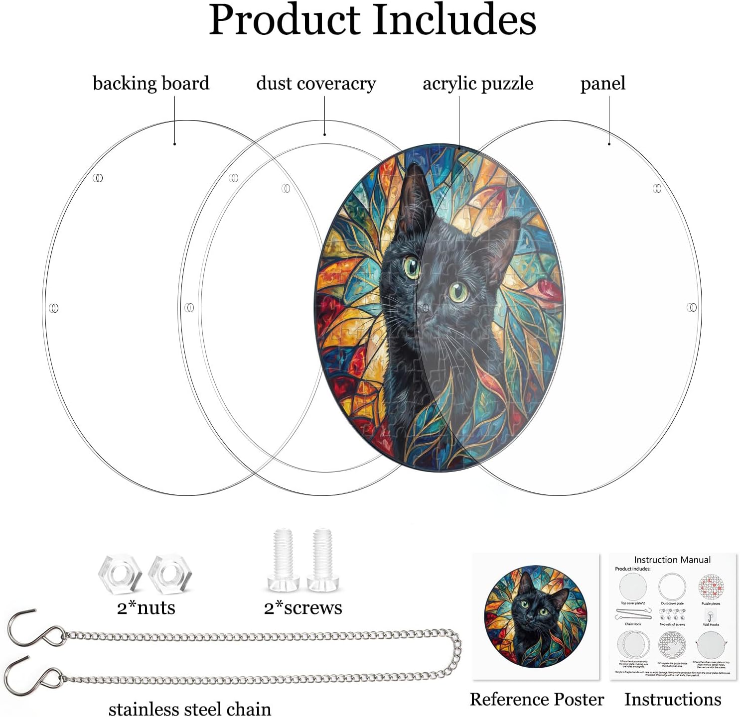 Acrylic Puzzle Suncatcher, 83 Pieces Colorful Cat DIY Acrylic Sun Catcher Puzzle Kit for Doors Garden Window Hanging, Gifts for Mom, Wife, Sisters, Besties, 7.4in