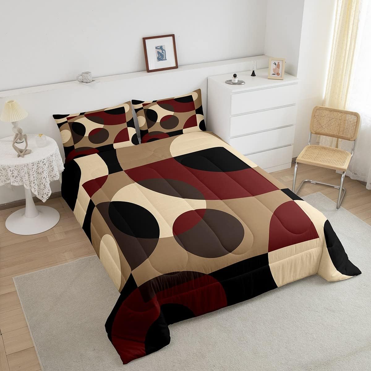 Red Geometric Quilt Circle Comforter Set,Abstract Swirls Lines Stripes Bedding Set Retro Geometric Duvet Insert,Rustic Modern Circle Psychedelic Urban Art Room Decor,Brown Black Down Comforter