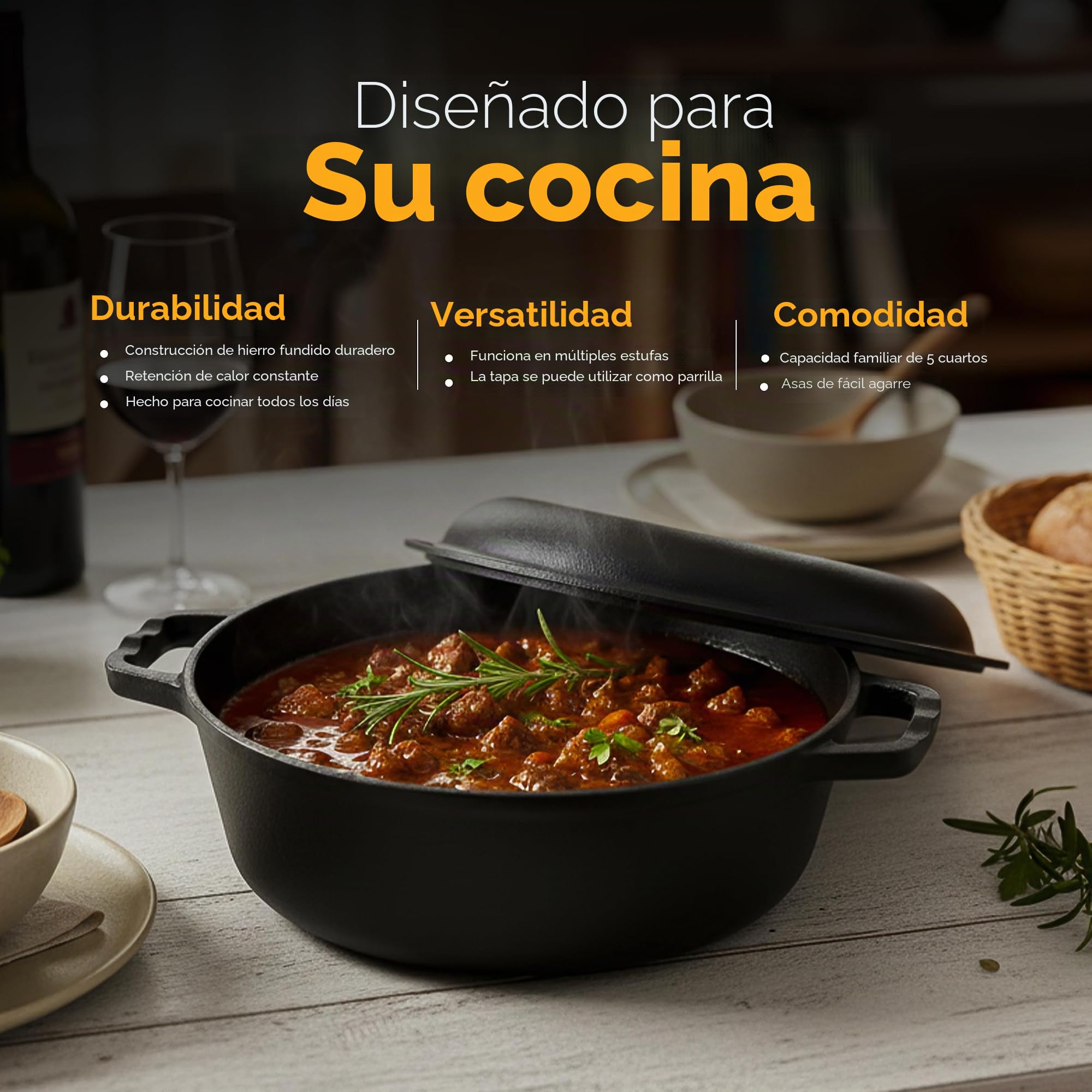 KICHLY 2 en 1 Olla De Hierro Fundido Pre-Sazonada Con Tapa Para Asar - Cocinar Al Horno, Freír, Asar, Guisar, Dorar Y Parrilla - Cocina De Interior Y Exterior