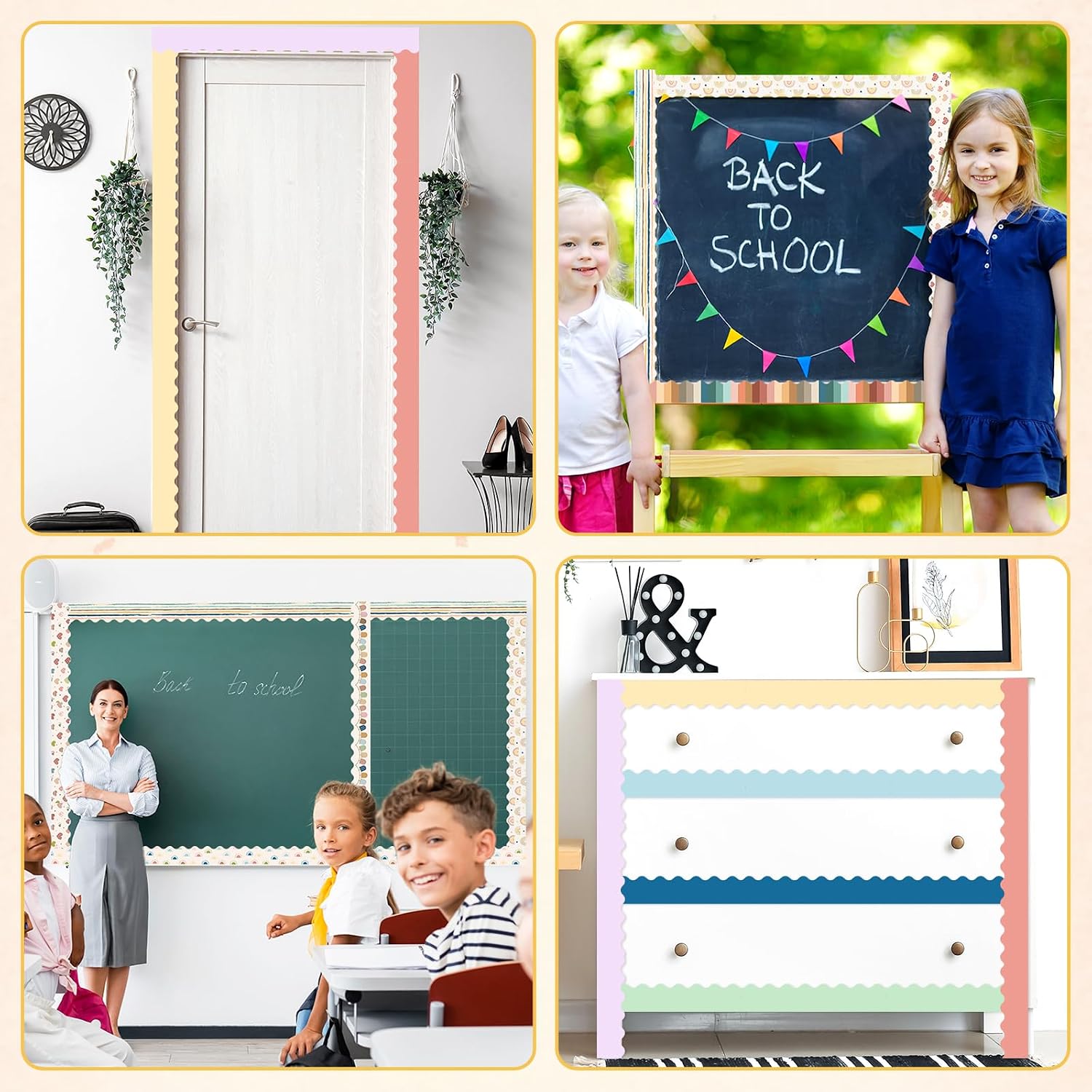 12 Rolls 393ft Boho Colors Bulletin Board Borders Colorful Rainbow Scalloped Border Trim Bulk Bulletin Decorations Boho Classic Border Trims for Classroom School Home Office Chalkboard Door Wall Decor