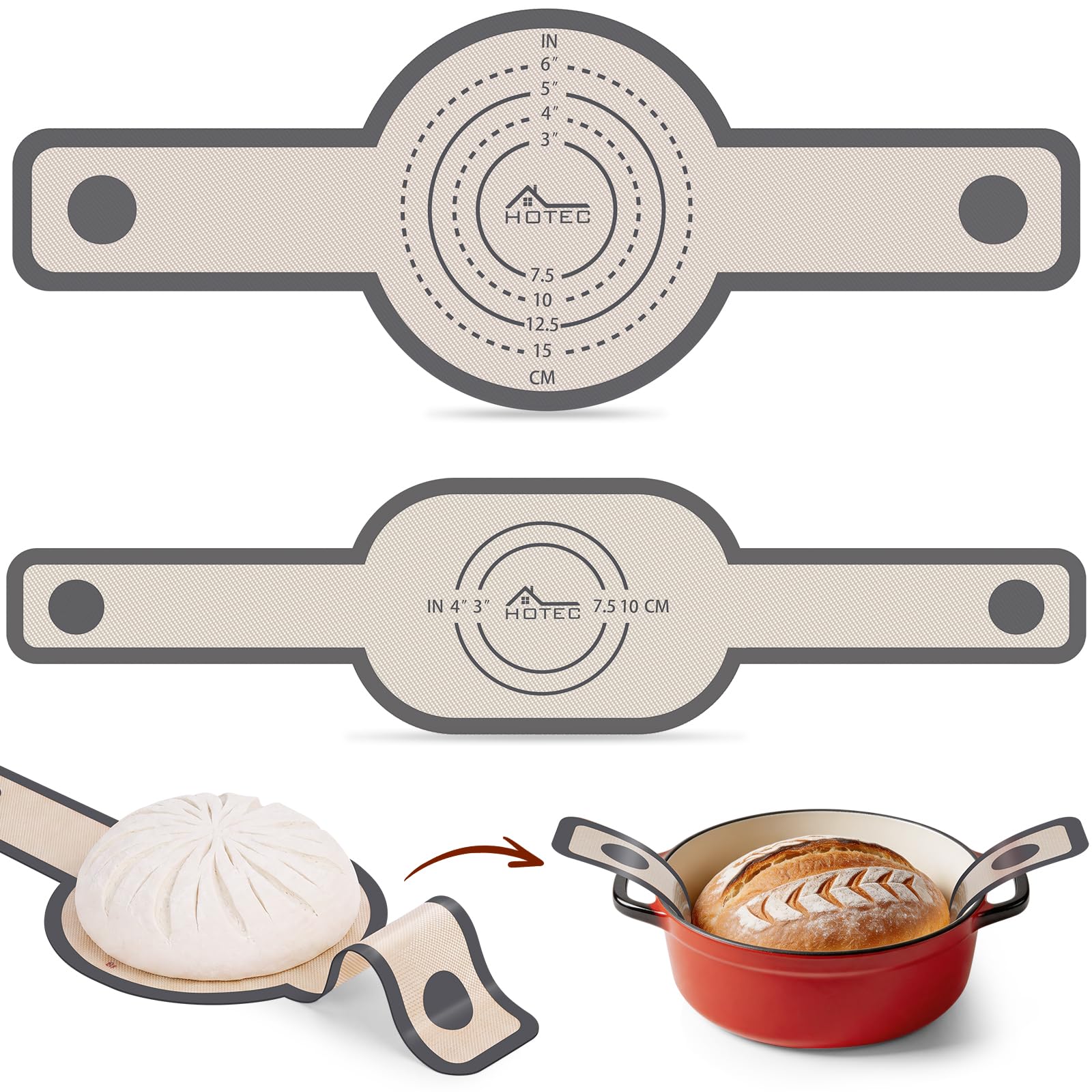Silicone Bread Sling for Dutch Oven - 2 Pack Non-Stick Reusable Bread Baking Mat Set with Long Handles, Perfect for Sourdough & Artisan Bread - Easy to Clean & Heat Resistant (Up to 500°F/260°C),Grey