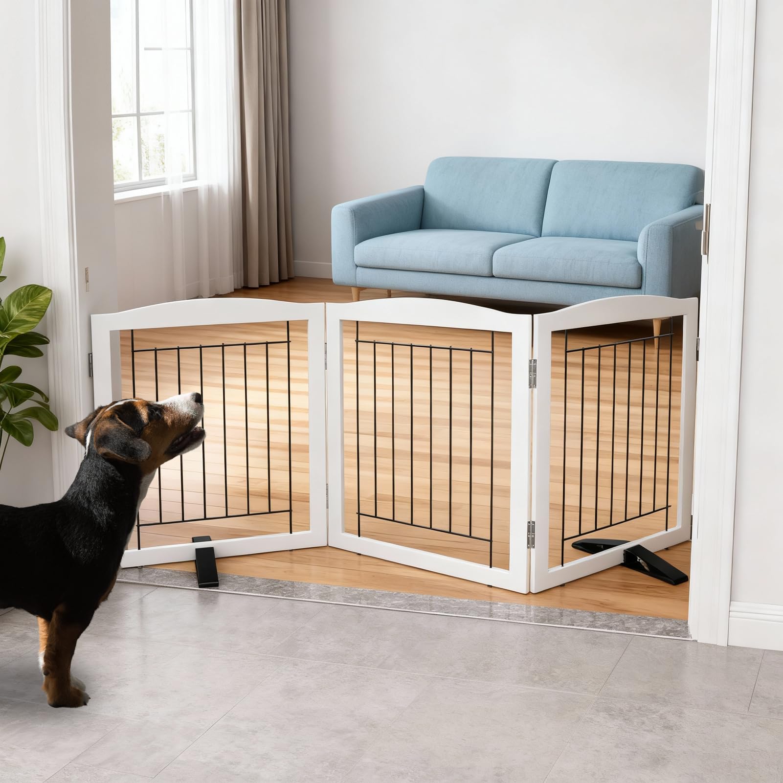 Dog Fence Indoor,Dog Gate Indoor for Doorway pet gate -3-Panel Freestanding, Hallways, House or Stairs -60x24-Inch Retractable Foldable Expandable Wood Pet by SFJC (White)