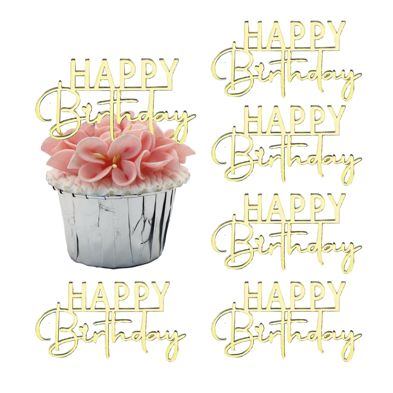 6 Pieces Mirror Acrylic Happy Birthday Cupcake Toppers, Mini Cake Toppers Birthday Supplies Decorations (Golden)
