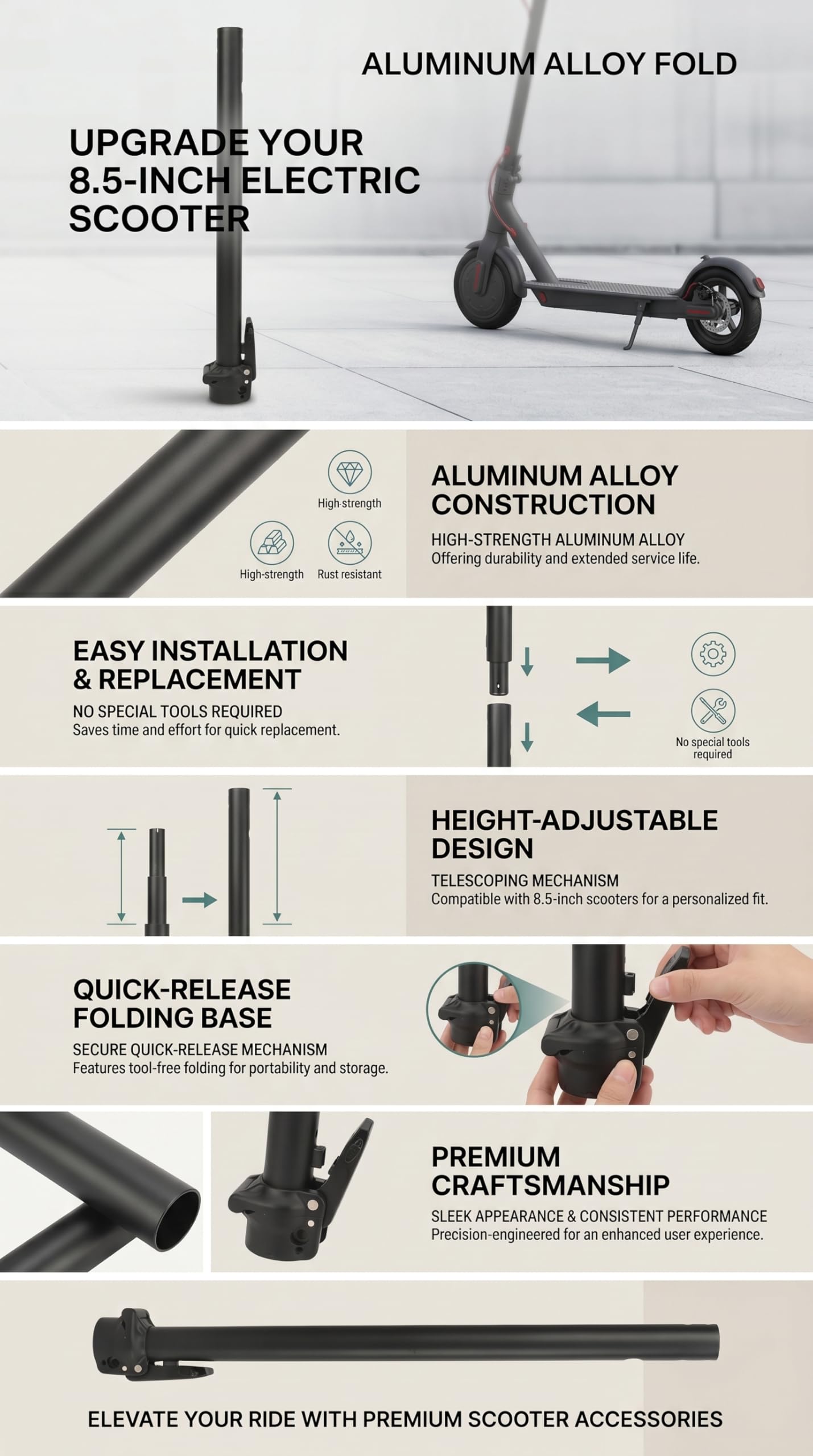 Poteau Pliant pour Scooter Électrique, Aluminium Léger, Installation Facile, Régulation en Hauteur, Base à Dégagement Rapide, pour Déplacements Urbains, Étudiants, Travailleurs, Loisirs.