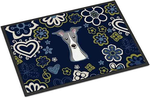 Miniatura 263 de Caroline's Treasures BB1449JMAT - Tapete de bienvenida de carlino negro, 24 x 36 pulgadas, tapete azul para puerta delantera, para interiores