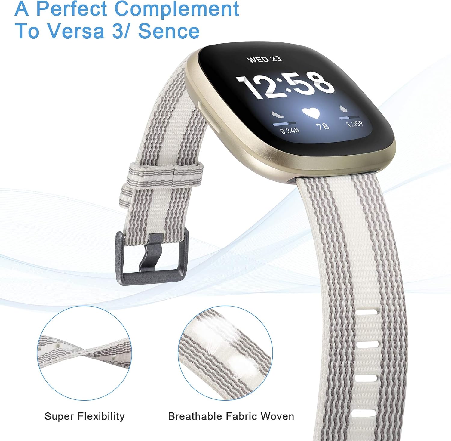 Wearlizer Fabric Bands Compatible with Fitbit Versa 3 bands/Fitbit Sense bands for Women Men,Soft Breathable Canvas Watch Strap Replacement Wristband for Fitbit Versa 3 Smart Watch-Gray White