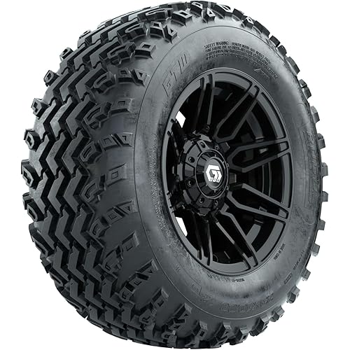 GTW 12 inch Golf Cart Wheels and All-Terrain Tire Combo | GTW Stealth Gloss Black Wheels on 23x10.00-12 Rogue 4-Ply Directional Tread All-Terrain, Off Road Tires | Set of 4