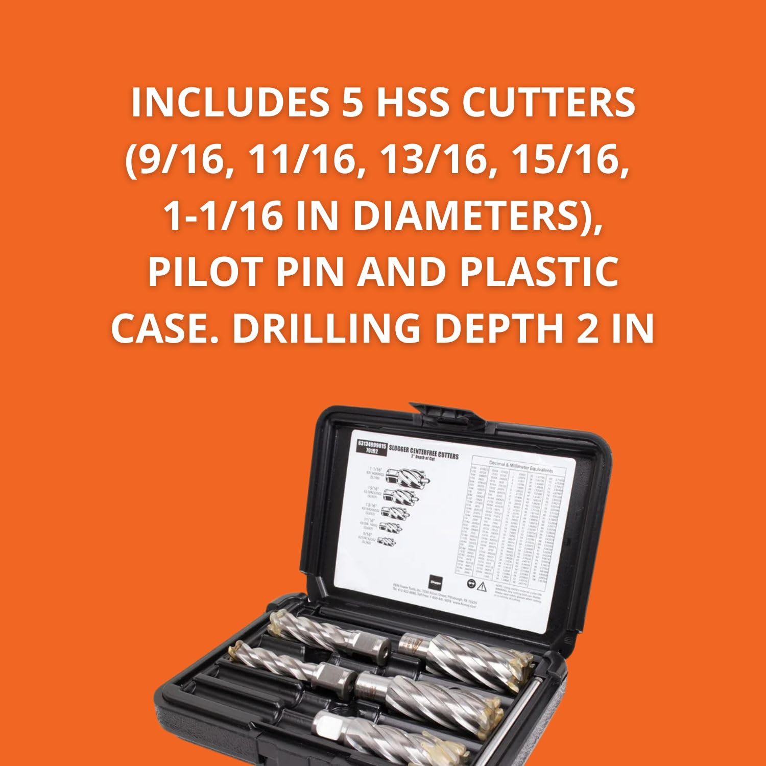 Slugger by Fein HSS Annular Cutter Set with Pilot Pin and Case - High-Durability Steel, 2" Cutting Depth, 9/16" to 1-1/16" Bore Diameters, 3/4" Straight Shank, 6-Pack - 63134999015