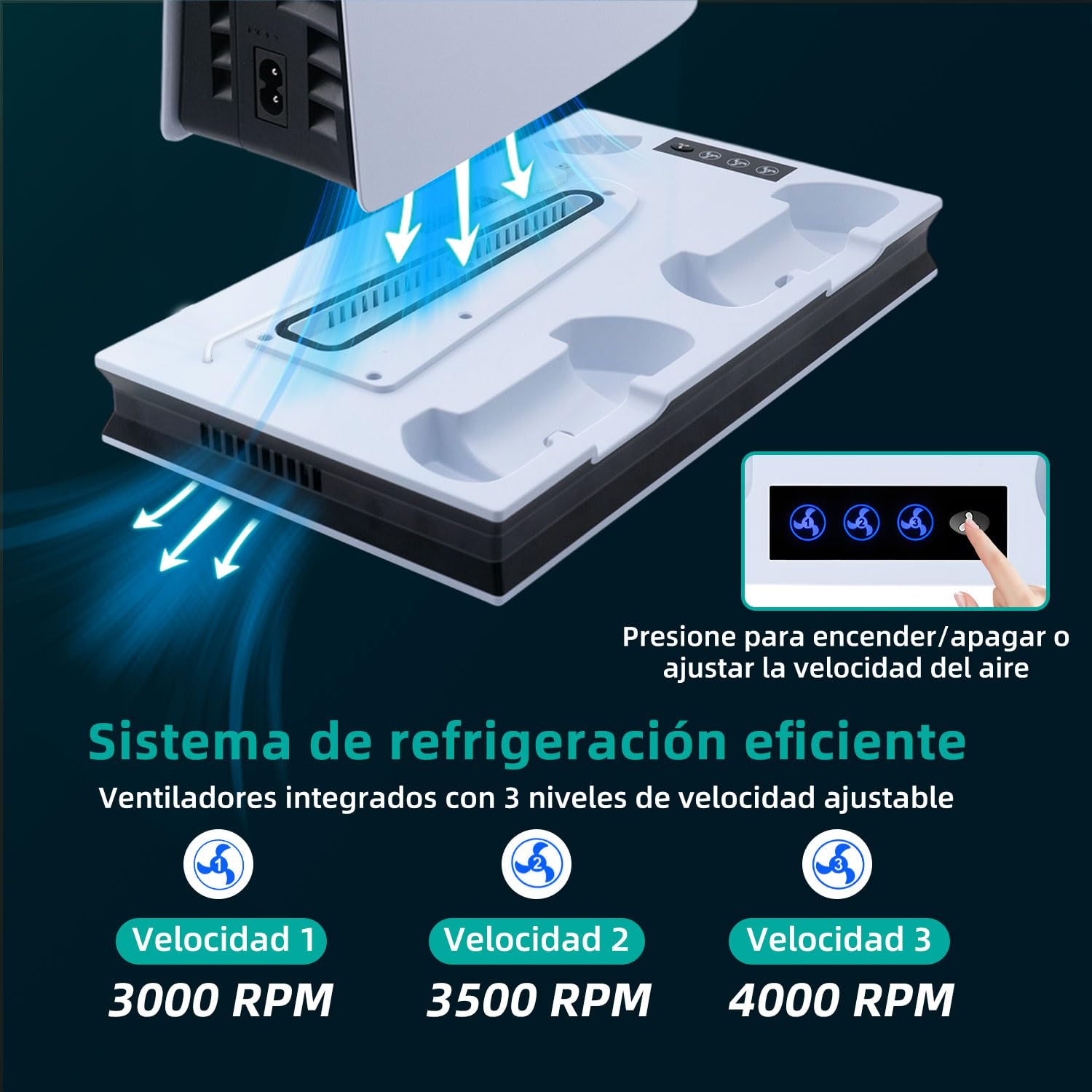 Soporte de Refrigeración para PS5 / PS5 Slim / PS5 Pro, Soporte para PS5 Vertical Ventiladores de Refrigeración y Estación de Carga de Dual Dontrolador, 3 USB, Soporte para Auriculares