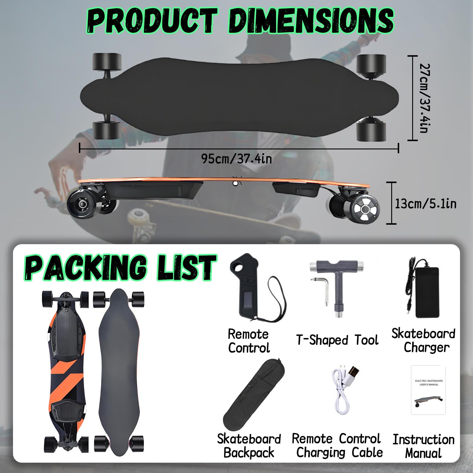 Skateboard Elettrico Longboard, Skateboard Elettrico, velocità Massima 40 mph, capacità di carico 150 kg, per Campus e Città. Orange