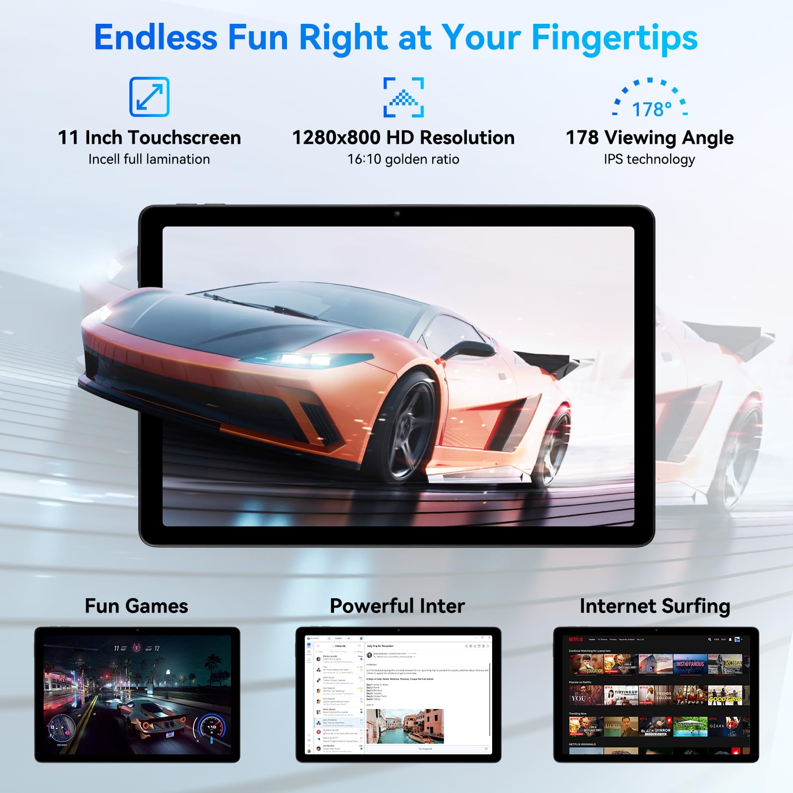 Yicty Tablet 11 pollici 8 Core Android 14 Tablet PC 10 GB + 128 GB 1 TB di espansione 1280 x 800 HD IPS Touchscreen 5 MP + 8 MP Doppia fotocamera 6800 mAh Widevine L1 Face ID Wi-Fi Bluetooth (Nero)