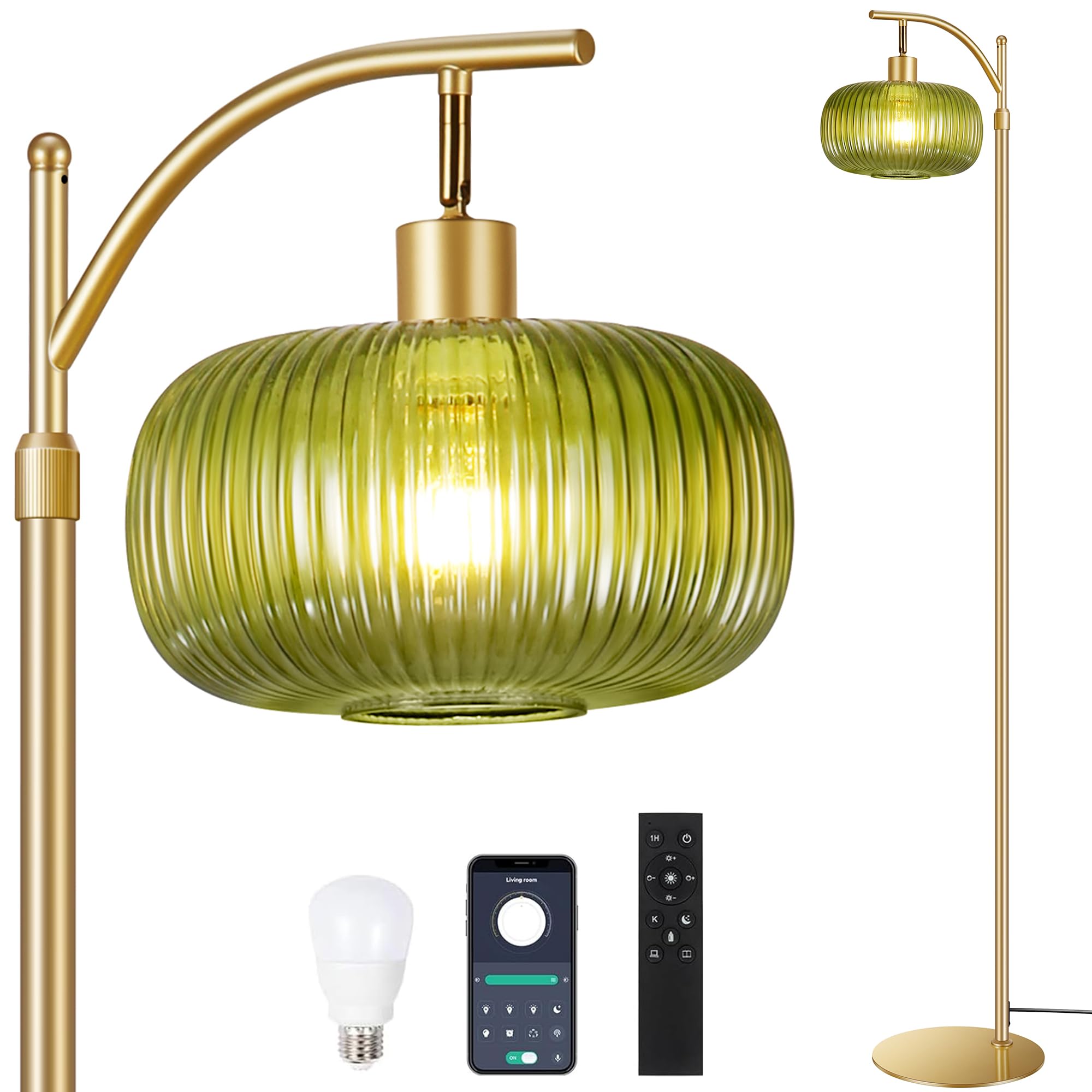 Photo 1 of Glass Floor Lamp for Living Room, Modern Standing Lamp with Green Lampshade