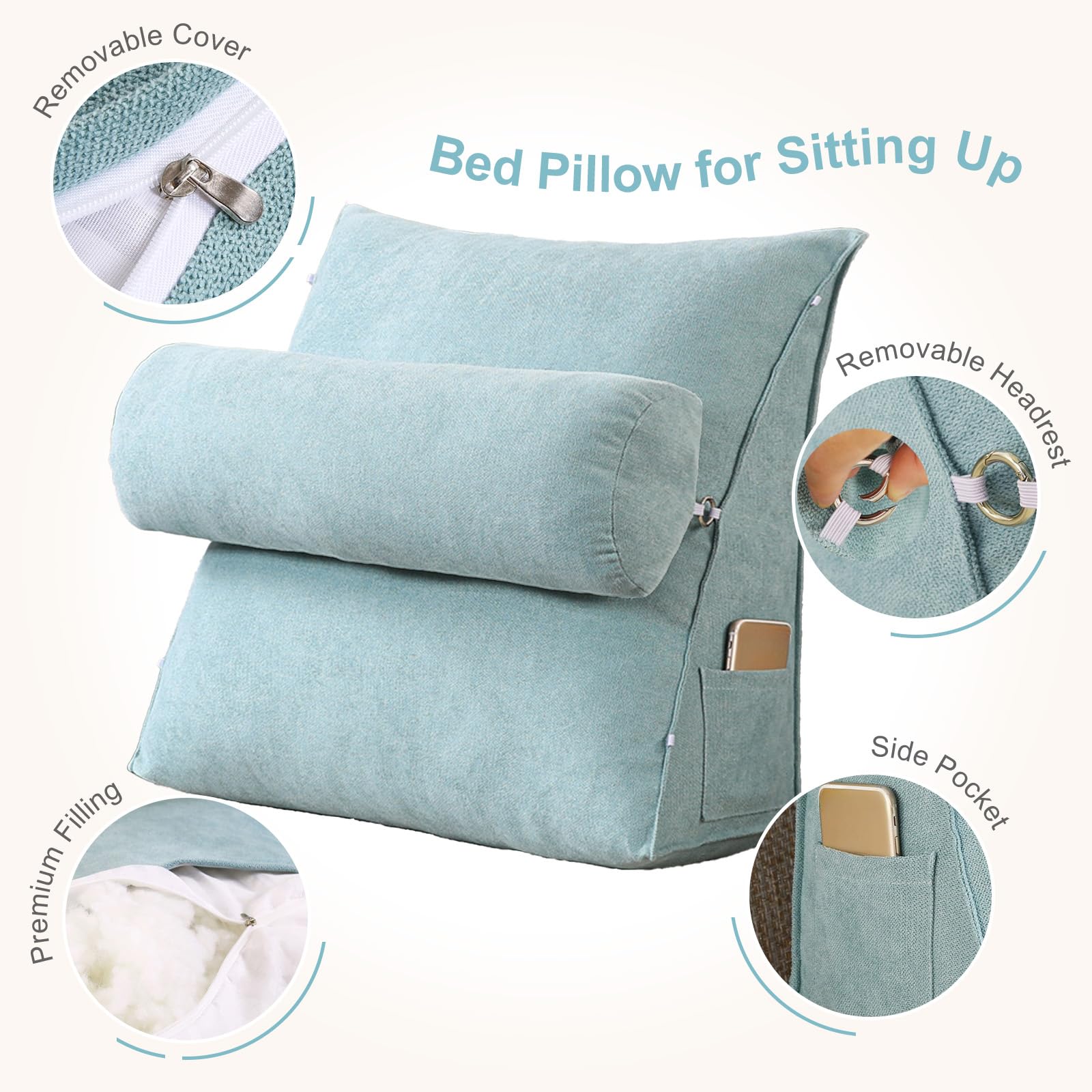 Cuscino da Lettura per Letto E Divano, Schienale Letto Ergonomico in Velluto con Rullo Poggiatesta Regolabile, Cuscino A Cuneo per Leggere A Letto, Supporto Lombare,Dark Red,60X50X20CM