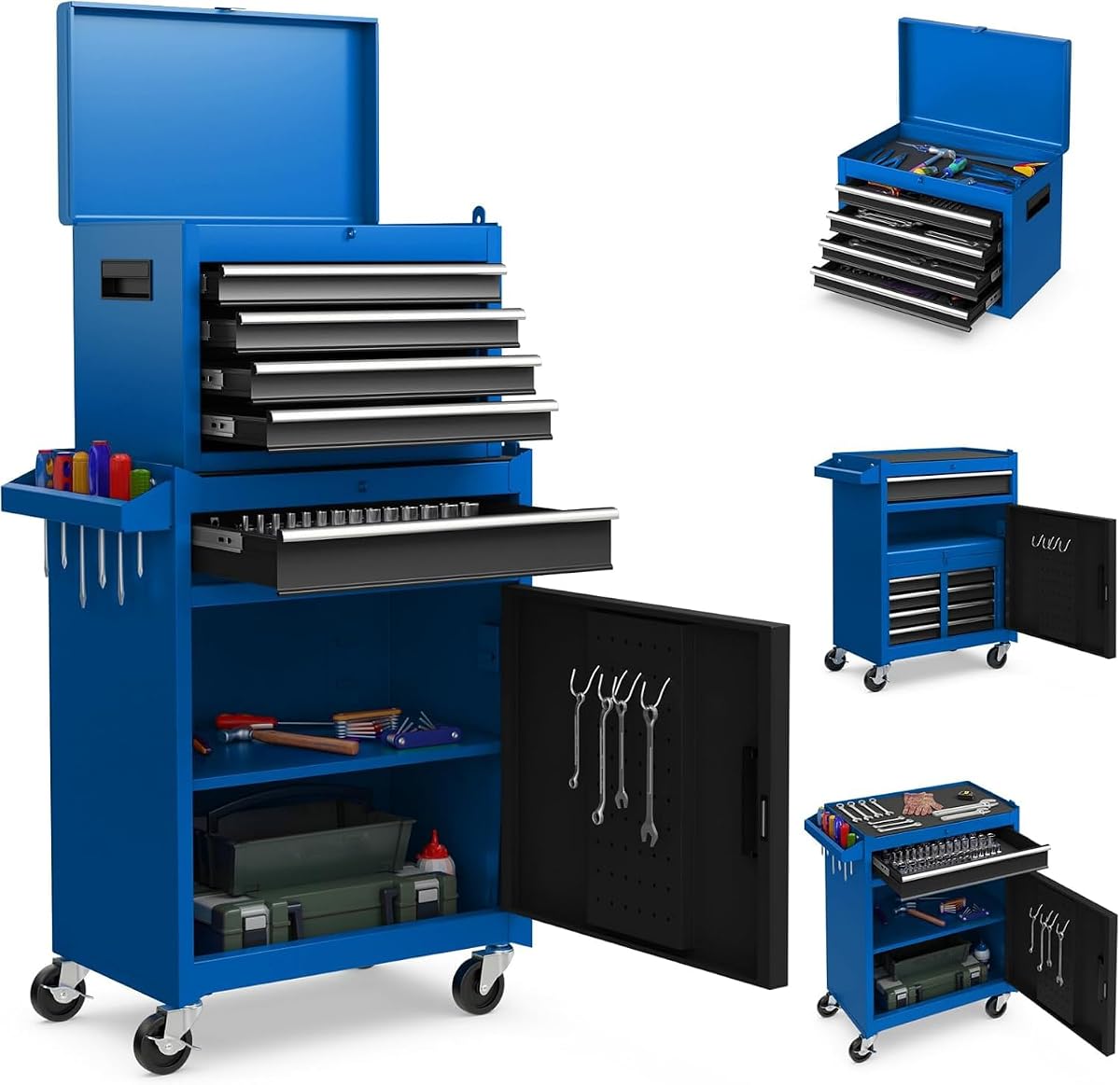 Tool Chest, 5-Drawer Rolling Cabinet with Detachable Top Toolbox, Lockable Wheels, Lock Bar, Protective Liner & Tool Rack, Metal Storage Cart for Garage Workshop