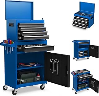 Goplus Tool Chest, 5-Drawer Rolling Cabinet with Detachable Top Toolbox, Lockable Wheels, Lock Bar, Protective Liner &amp; Tool Rack, Metal Storage Cart for Garage Workshop