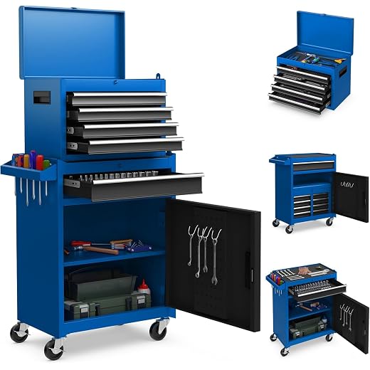 Goplus Tool Chest, 5-Drawer Rolling Cabinet with Detachable Top Toolbox, Lockable Wheels, Lock Bar, Protective Liner & Tool Rack, Metal Storage Cart for Garage Workshop