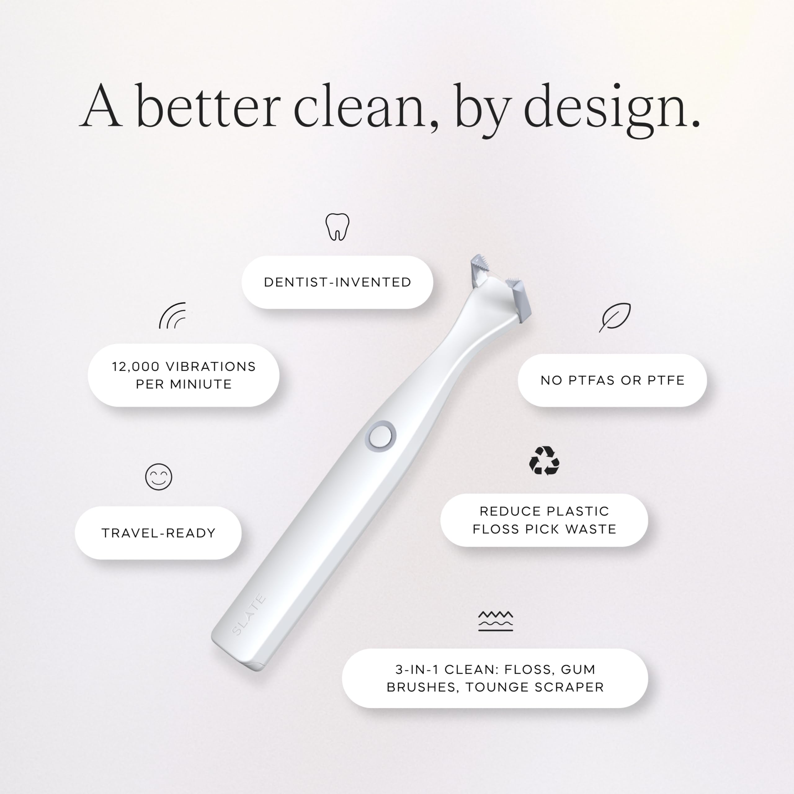 Slate Flosser Clean SLATE Set – Hilo dental eléctrico Origin + mini hilo dental de viaje + 12 cabezales de hilo dental suaves – Sonic, barrido de encías y raspador de lengua – no tóxico, sin PFAS