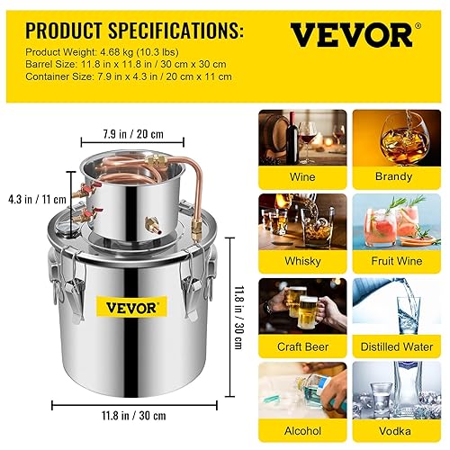 Miniatura 14 de VEVOR Alcohol Still - Destilador de alcohol de 3 galones/12L, kit de destilería de acero inoxidable para alcohol con tubo de cobre, kit