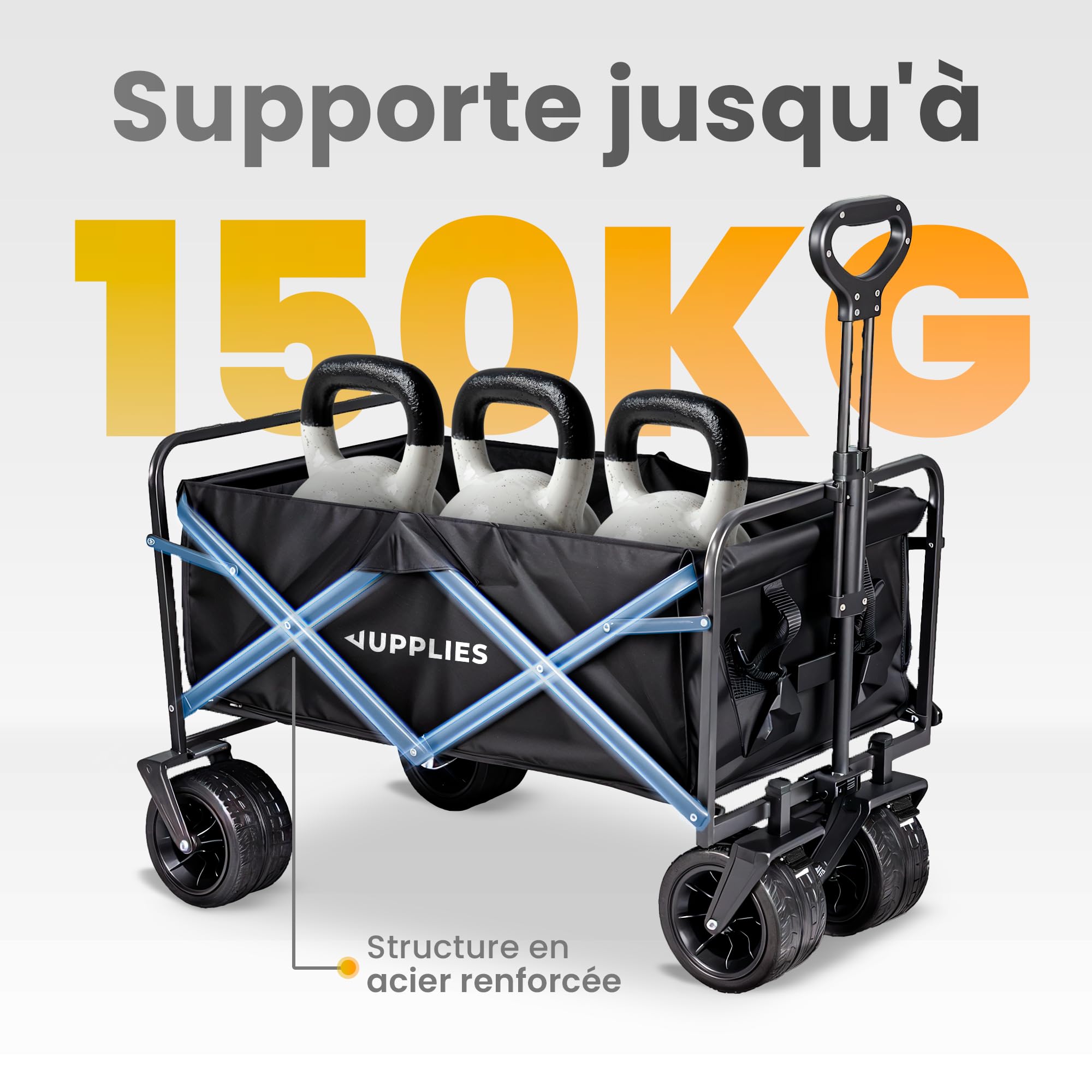 JUPPLIES Chariot Pliable à roulettes Grandes 150KG – Chariot de Jardin, Plage et Courses | Chariot de Transport Pliable Tout Terrain avec Poignée Télescopique et Tissu Oxford 600D Imperméable