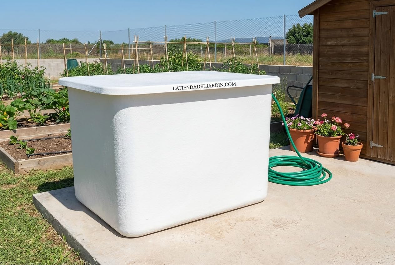 Suinga DEPOSITO de agua de POLIESTER fibra de vidrio 1000 LITROS rectangular + Tapadera. Largo 142 cm, Ancho 108,5 cm, Altura 85 cm. Apto para contener productos alimenticios.
