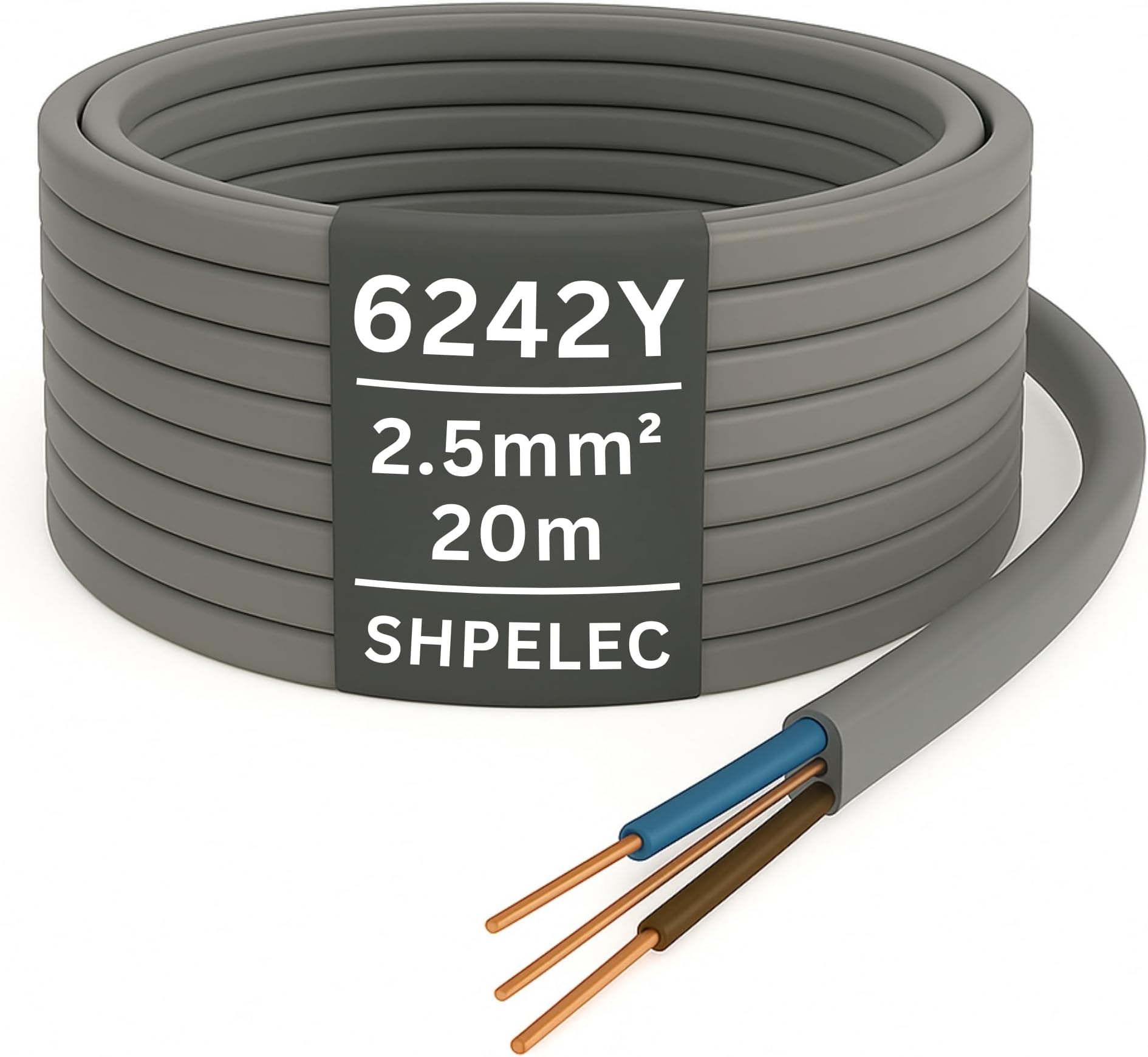 SHPELEC® Electrical Grey Twin and Earth 6242YH Cable - 2.5mm Mains Socket Ring 20m Length - All Lengths (5m, 10m, 15m & 20m)) (20metres - 2.5mm Twin and Earth Cable)