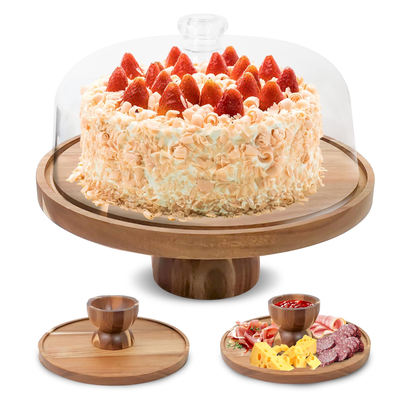 Acacia Wood Cake Stand with Lid - 12in Cake Stand with Dome,2 in 1 Charcuterie Board for Cheese, Chips, Fruit Platter, Large Acrylic Cake Dome Cover
