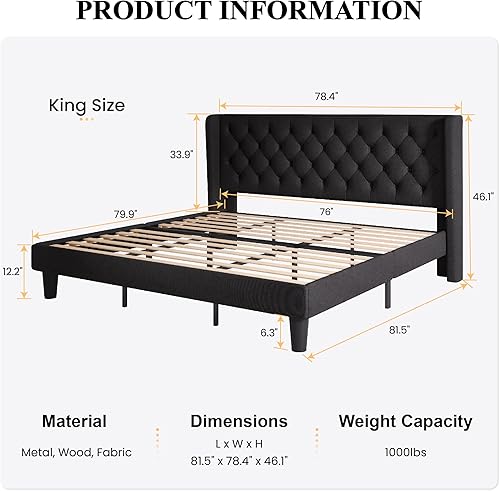 Miniatura 2 de SHA CERLIN Base de cama de plataforma tamaño King con cabecera tapizada y respaldo de alas, diseño capitoné con botones, fácil montaje, color negro