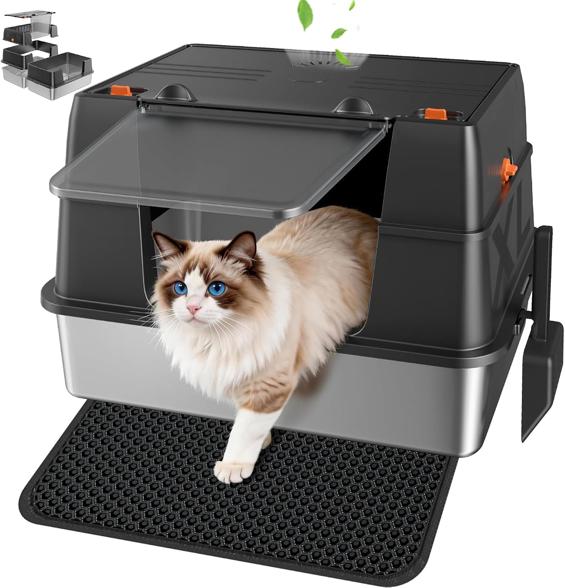 Caja de arena de acero inoxidable con tapa, caja de arena de metal cerrada de lados altos para gatos grandes, fácil limpieza antifugas de orina, caja para gatos no pegajosa, entrada frontal y salida superior, incluye alfombrilla y pala