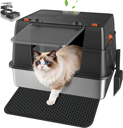 Stainless Steel Litter Box with Lid - Enclosed