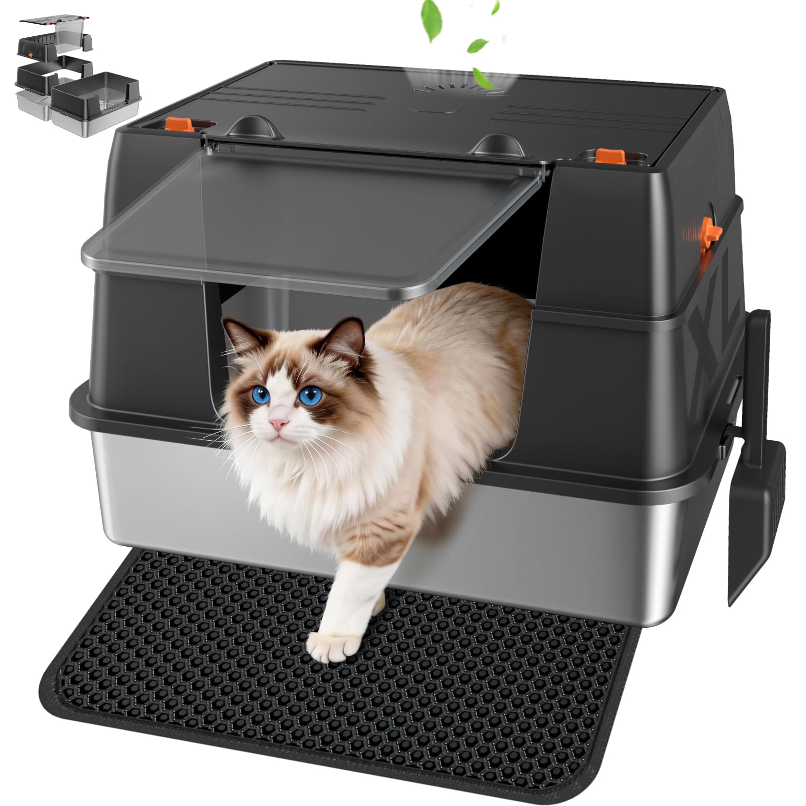 Stainless Steel Litter Box with Lid, Side Entry Extra Large High Sided Enclosure Litter Box, Removable Upper Cover Leak-Proof Odorless Non-Stick Easy Clean Metal Pan with Scoop & Mat (Light Grey)