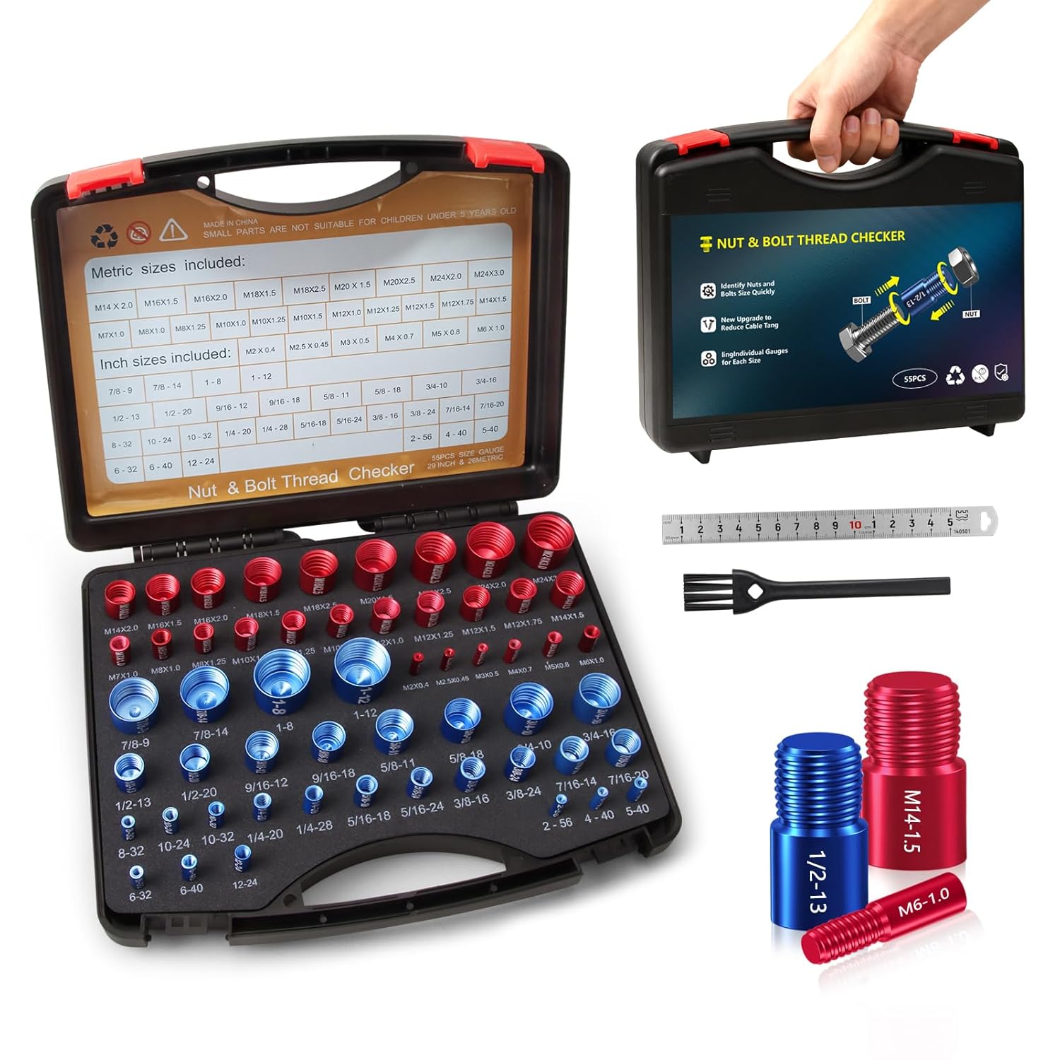 Thread Checker Set (55-Piece), Detachable Nut & Bolt Size Finder with Color-Coded Gauges, Bolt and nut Sizer, Ideal Gift for Mechanics, car Enthusiasts, DIYers, and Home Tool Kits