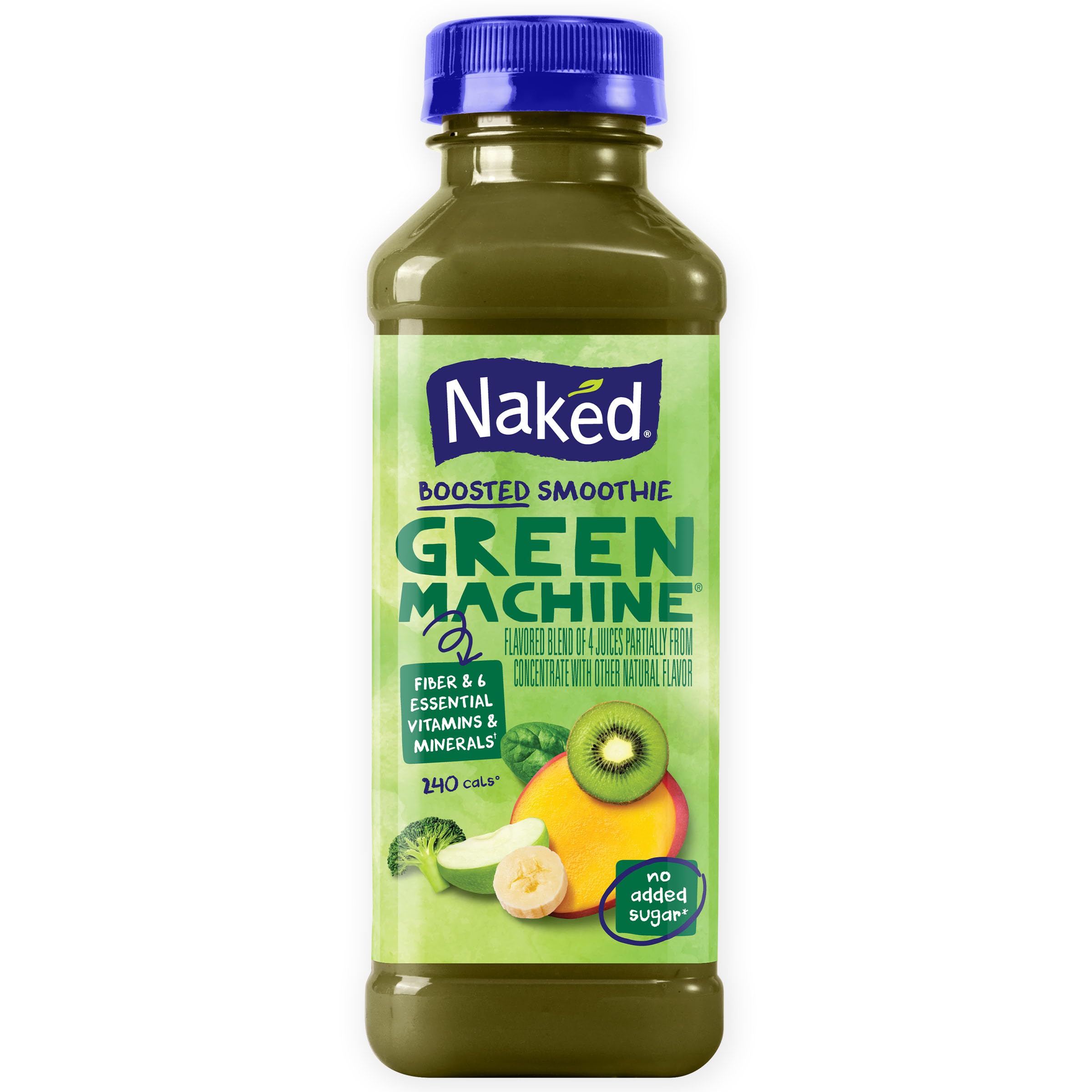 Naked Boosted Smoothie Green Machine, 15.2 fl oz Bottle - Real Fruit Juice Smoothie with Fiber, Excellent Source of Vitamin C and Vitamin E for Immune Support