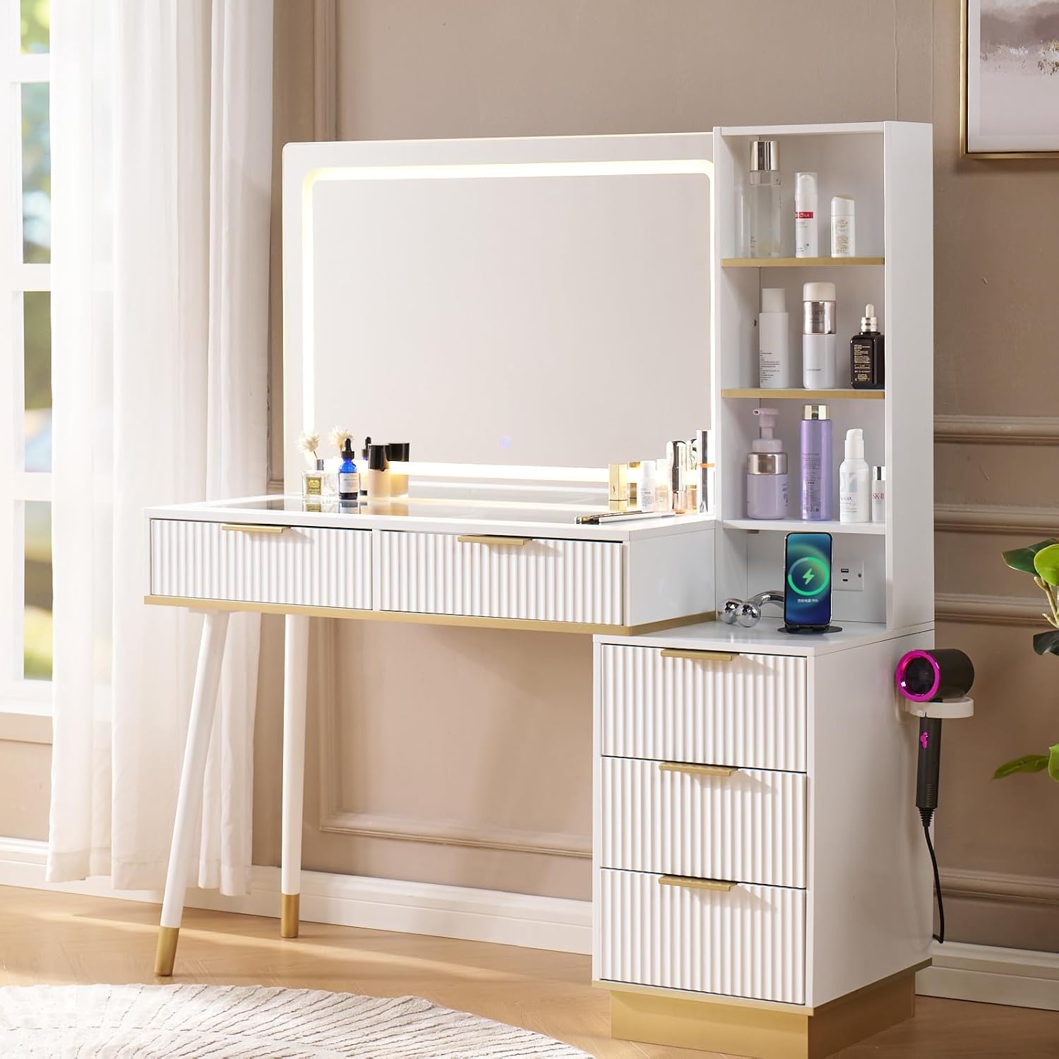 48" W Fluted Vanity Desk with Large Mirror and Adjustable Lights, Modern Makeup Table with 5 Drawers, 3 Shelves and Charging Station, Glass Top Desk for Dressing Room, Bedroom, White