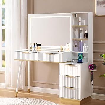 LUXOAK 48" W Fluted Vanity Desk with Large Mirror and Adjustable Lights, Modern Makeup Table with 5 Drawers, 3 Shelves and Charging Station, Glass Top Desk for Dressing Room, Bedroom, White