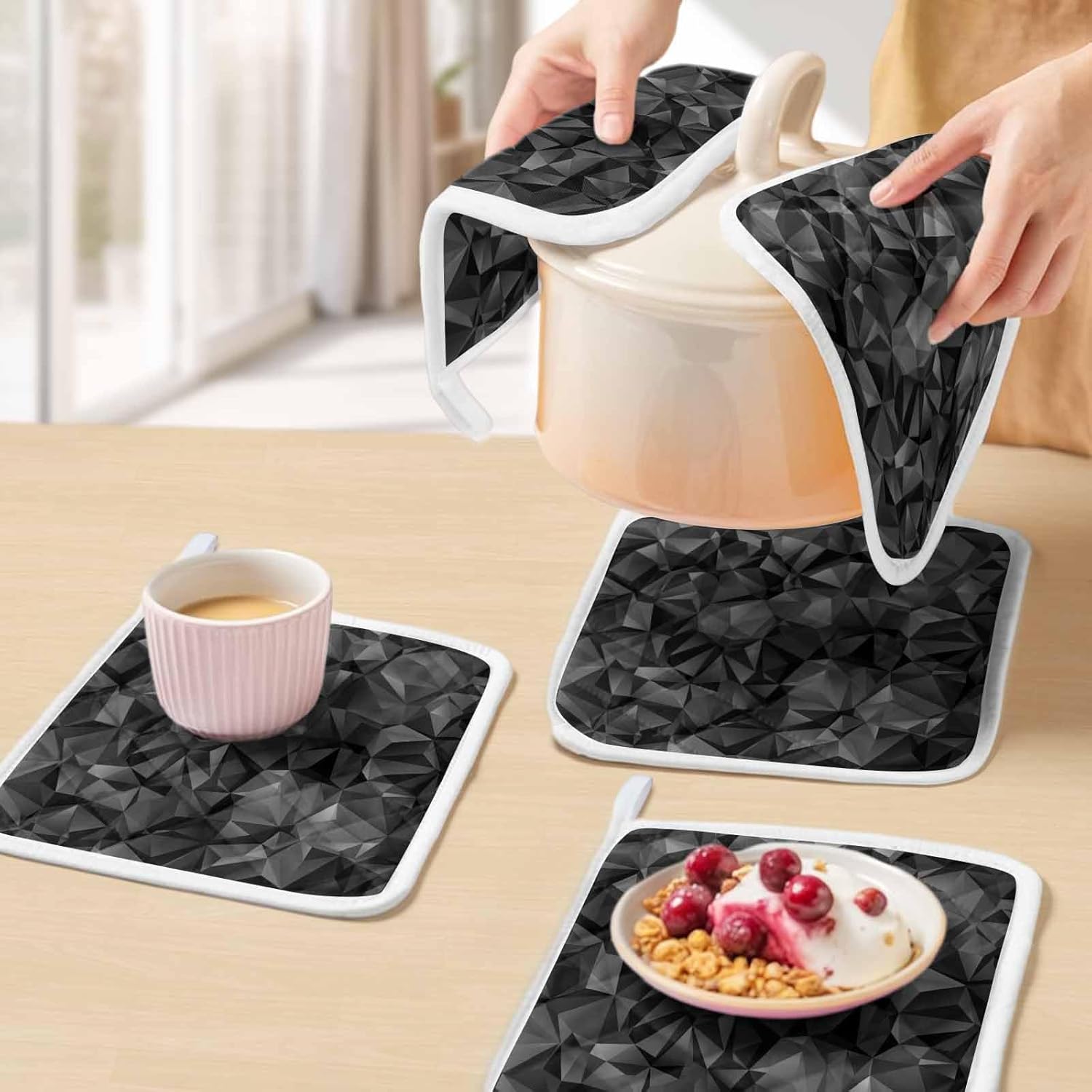 Black Geometric Pot Holders for Kitchen Heatproof Potholder, 5 Pack Contemporary Minimalism Abstract Pattern Hot Pads Multipurpose Oven Pads Cloth Potholders Trivet for Cooking Baking