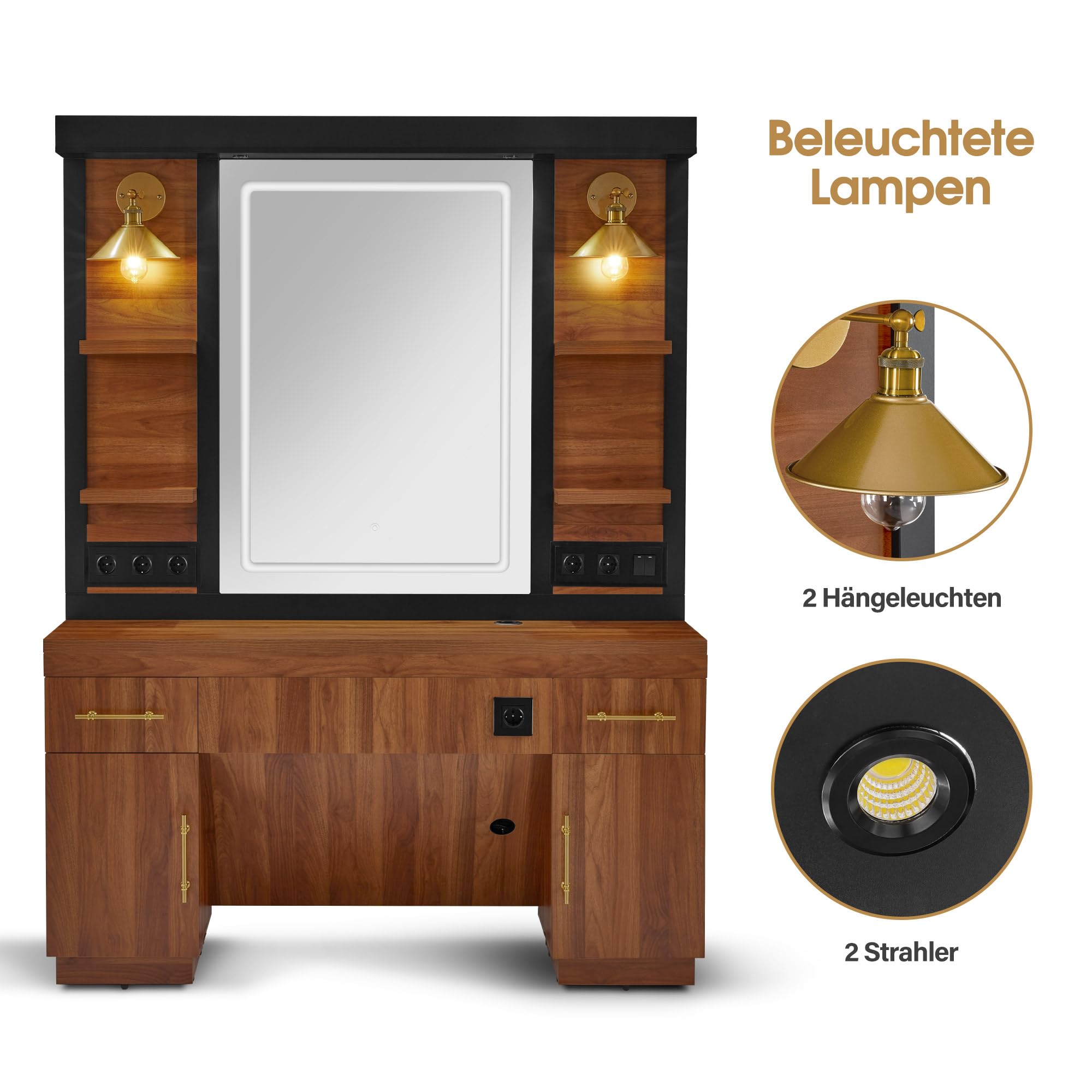 Barberpub Friseurplatz mit 2 Schubladen, Schminktisch mit Spiegel, Bedienungsplatz mit 4 Ablagen & 2 Schränken, Spiegelschrank aus Holz, Spiegeltisch mit Beleuchtung, Friseureinrichtung, 3167 (Braun)
