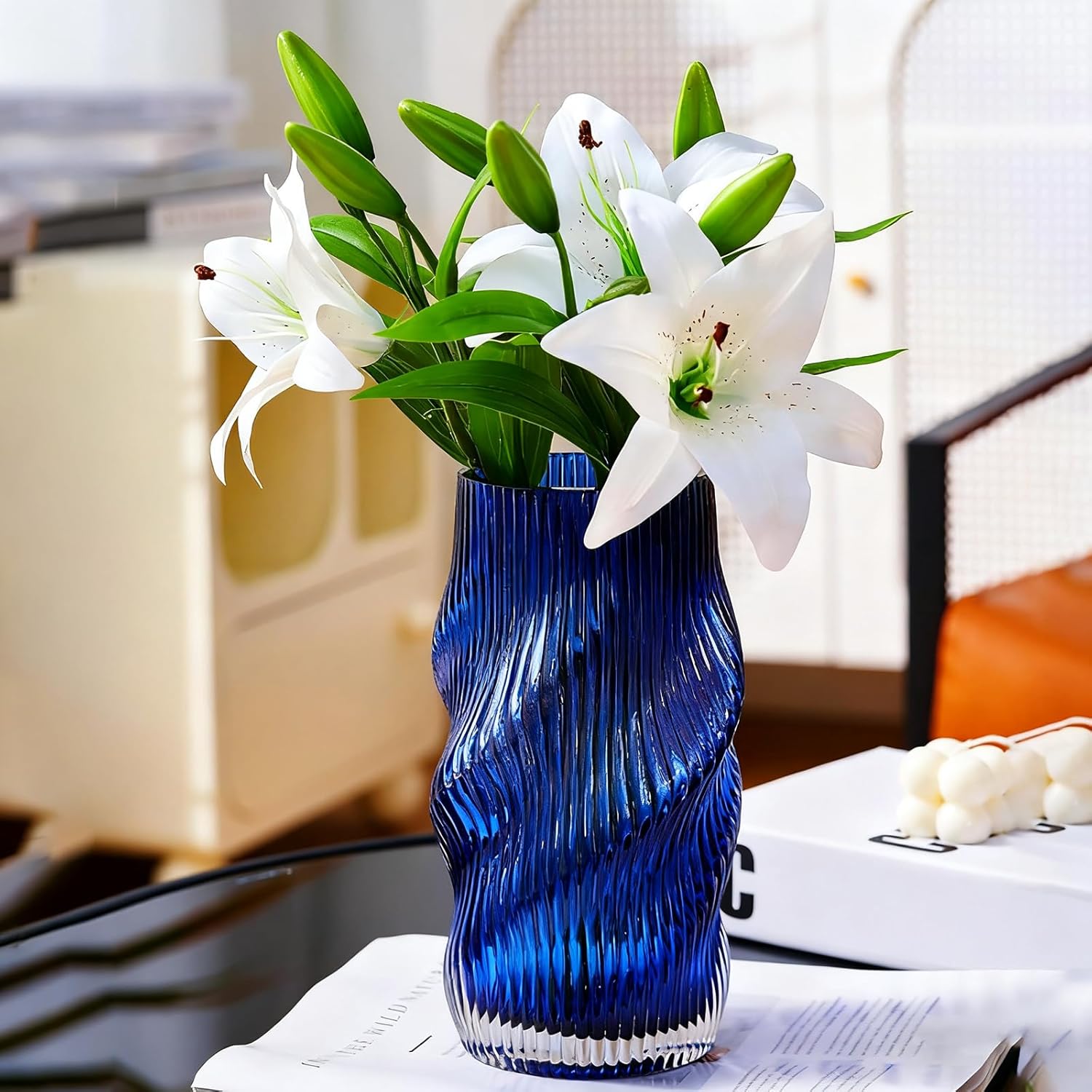 Blue Ribbed Glass Flower Vase, Irregular Shaped Modern Minimalist Glass Vase, Flower Vase for Centerpieces and Home Decor, 8.6 Inches, 1 Piece - Image 6