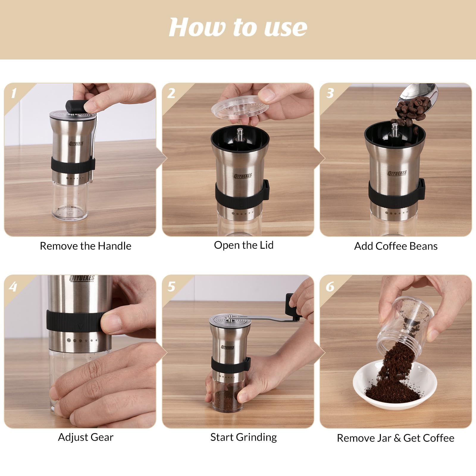 Molinillo de café manual, manivela portátil de acero inoxidable, 6 ajustes de grosor, molinillo de café con rebabas de cerámica, perfecto para familias, camping