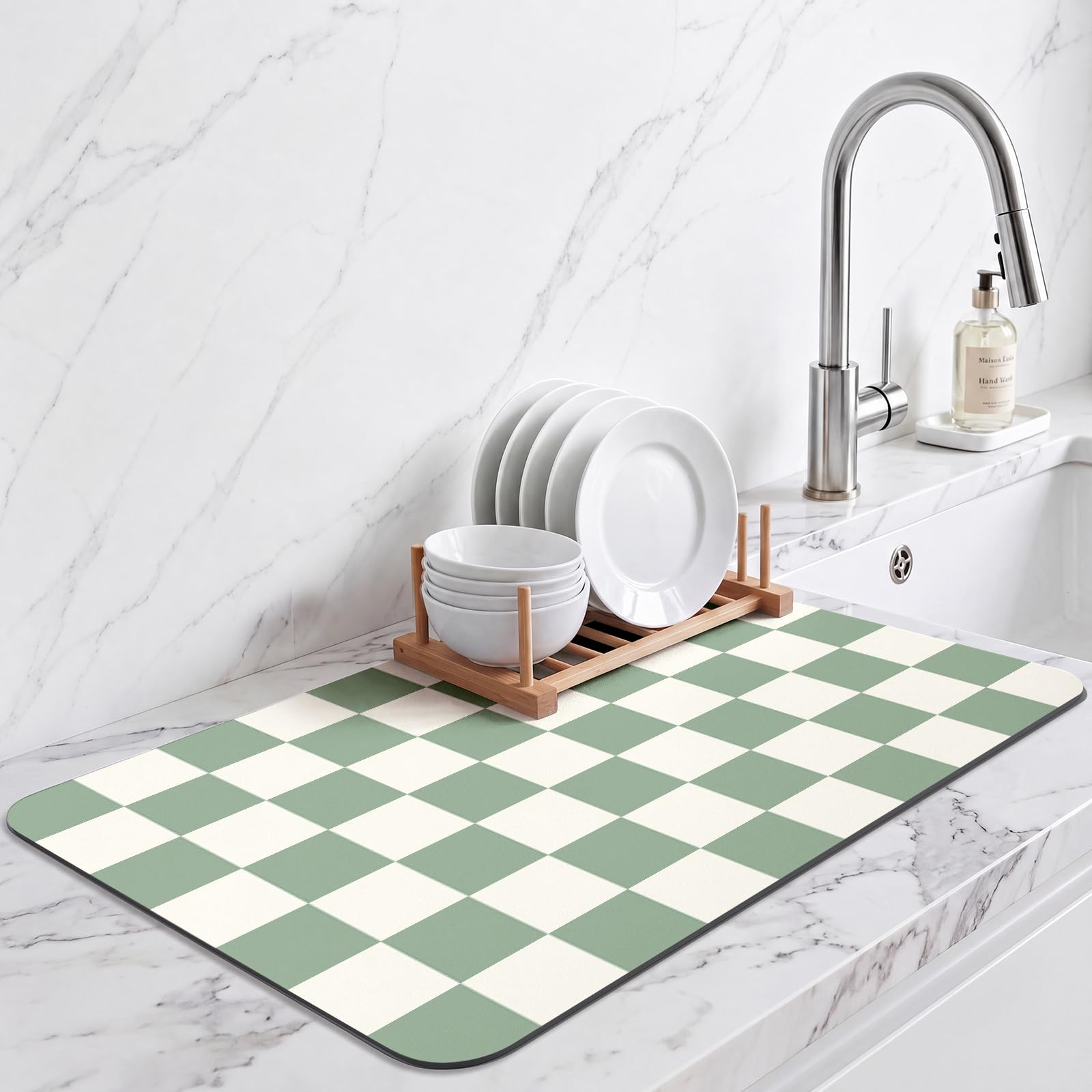 Checkered Draining Mat for Kitchen Countertops Coffee Bar Station, Aesthetic Modern Dish Drying Mat, Water Absorbent Drainer Mat for Drying Tableware (Sage, 30X50cm)