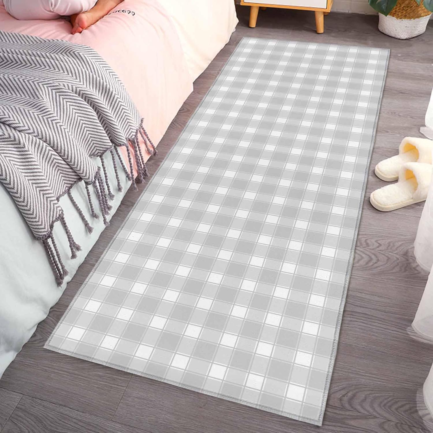 Kitchen Mats for Floor Pastoral Gray Buffalo Plaid Washable Non Slip Kitchen Rugs 1PCS, Modern Minimalist Geometric Check Absorbent Standing Mats for Sink Bathroom Office Living Room 15.7x47.2in